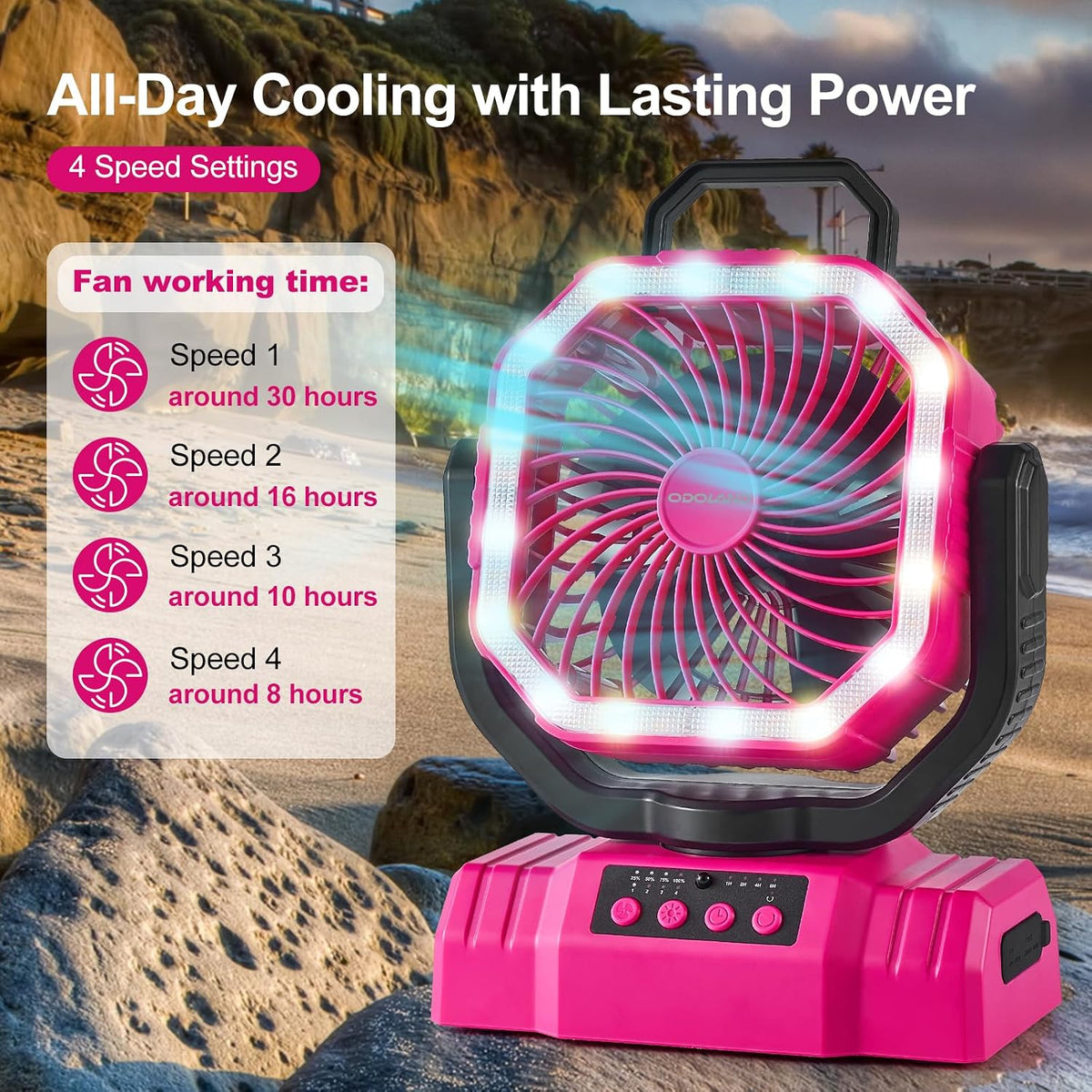 Odoland Portable Camping Fan with Light, 20000mAh Rechargeable Battery Fan | Desk Fan with Auto Oscillation, Timer, Remote, 360° Rotation Hook, 4 Speeds for Power Outage Travel Home, Pink