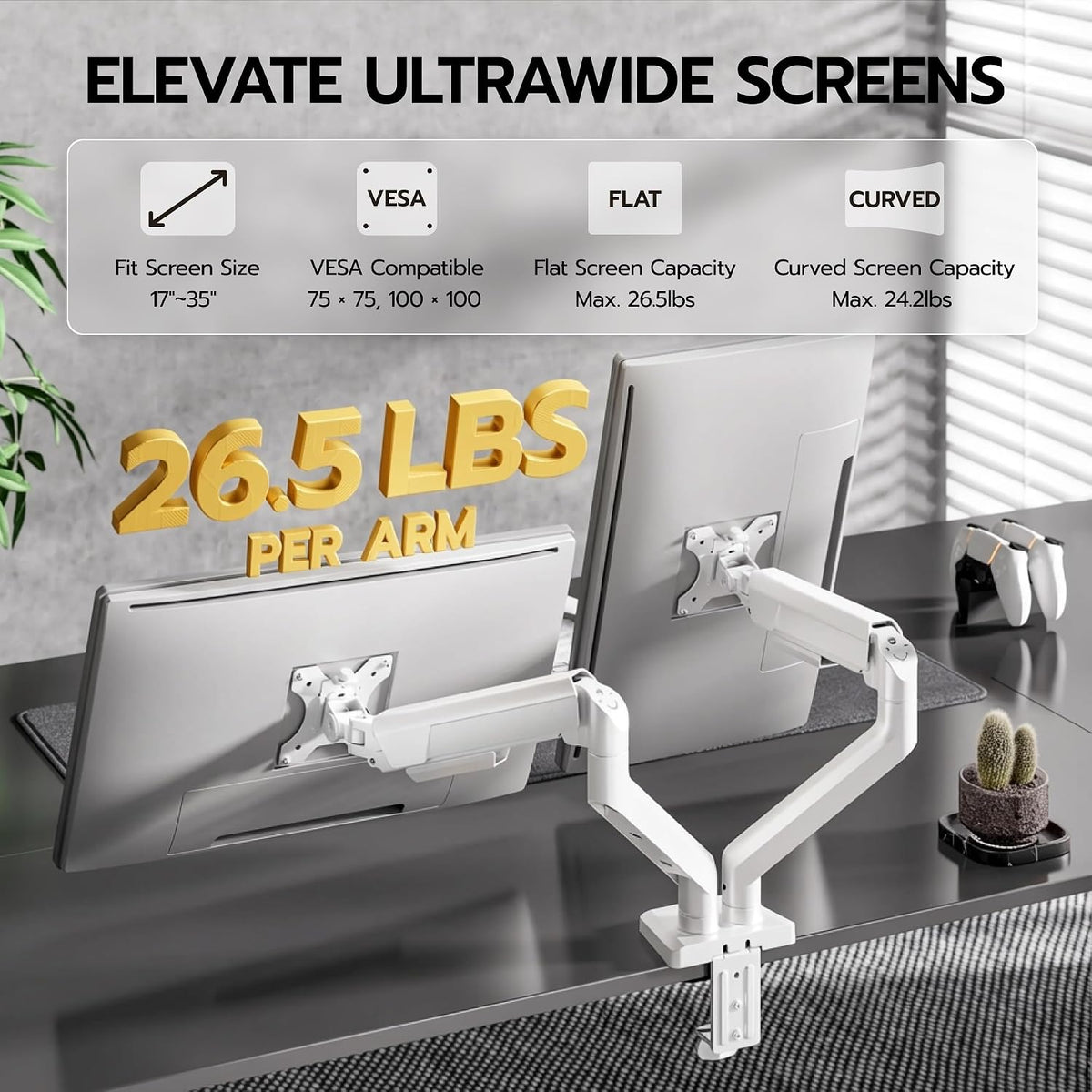 ARES WING Dual Monitor Mount with USB for 2 Monitors for 17-35 inch, White