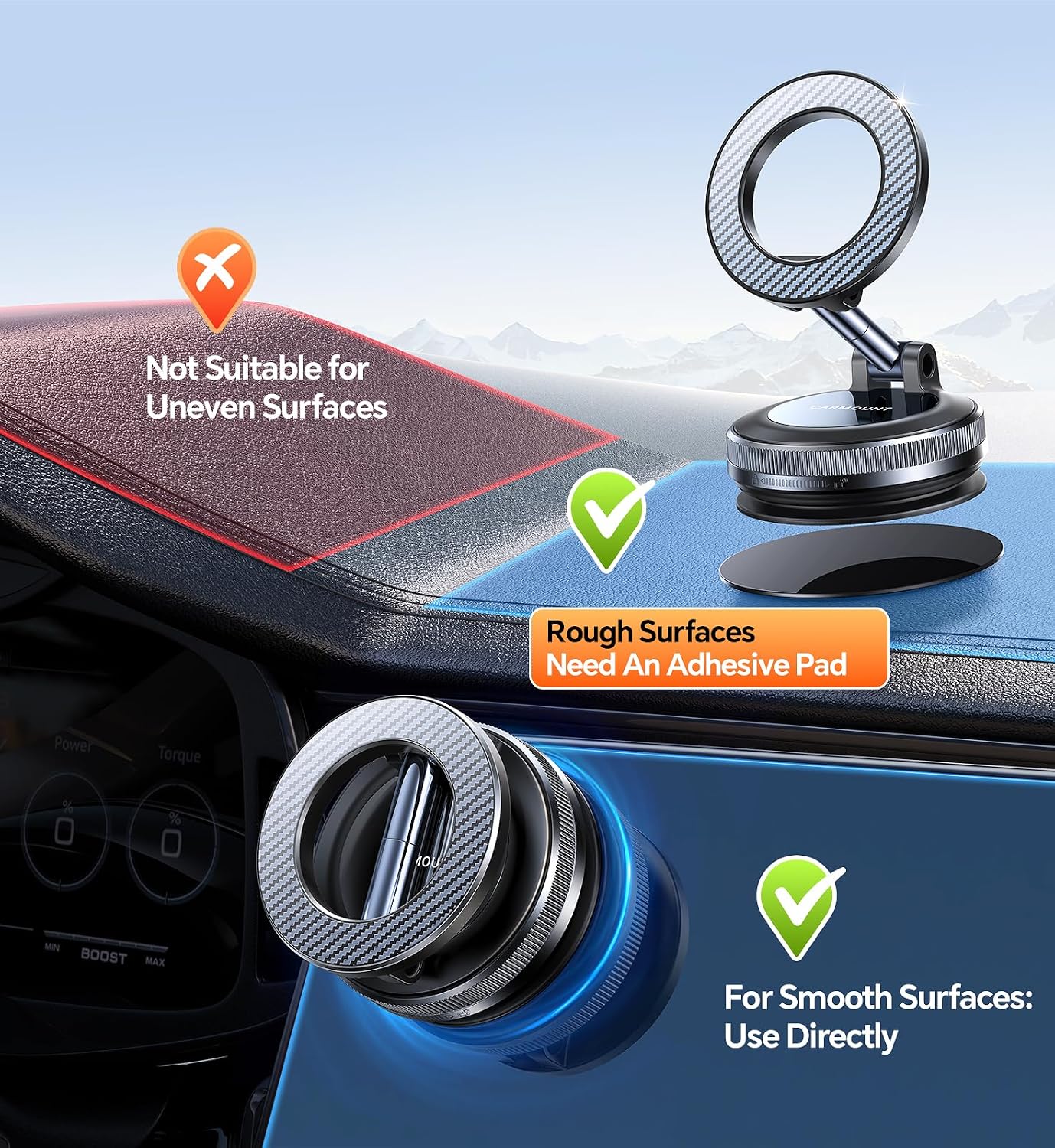 for Magsafe Car Mount carmount 2.0 Magnetic Phone Mount【Ultra-Stable Magnetic Hold】Vacuum Magnetic Phone Holder for Car Dashboard Windshield Phone Holders for Your Car for iPhone Samsung,Carbon Fiber