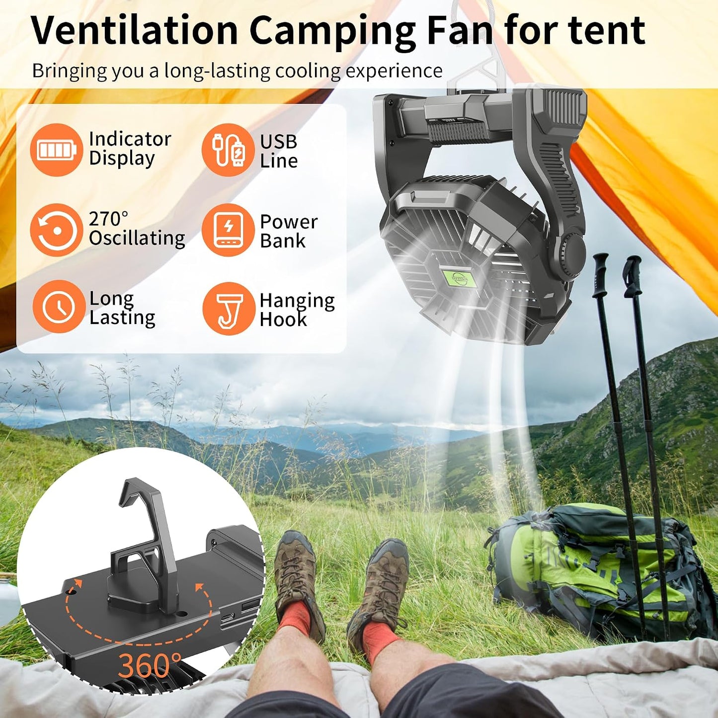 Rechargeable Portable Camping Fan for Tent with LED Light, 20000mAh USB Personal Battery Powered Fan Outdoor Camping Essentials Battery Operated Portable for Travel Beach Essentials X23 Black
