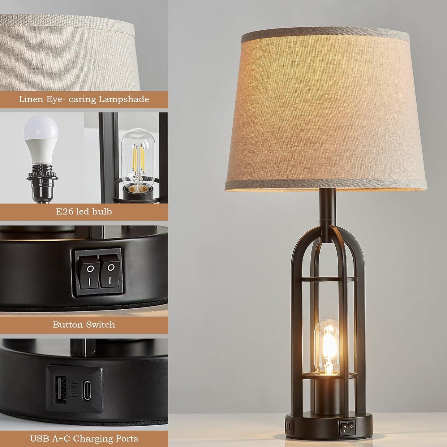 SRJJA Black Table Lamps for Living Room Set of 2 - Farmhouse Lamps for Night Stands with USB A+C, Bedside Lamps for Bedroom, 24'' Industrial Lamp for Living Room End Tables