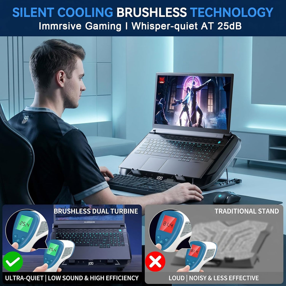 Dual-Core Gaming Laptop Cooling Pad, 9500 RPM Turbofans Smart LED Display Fast Cooling Laptop Cooler for 12-21in Laptops 5 Height Stands 100 Gear Speed RGB Light Phone Holder (Black)