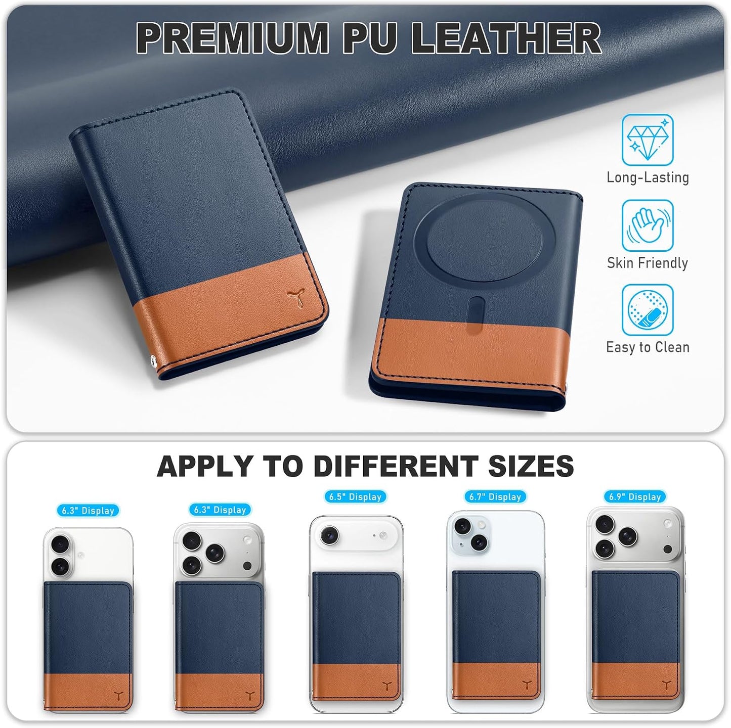 TUCCH for Magsafe Wallet, 6 Card Slots with RFID Blocking, Blue & Brown | for iPhone 17/17e/16/15/14/13/12 Pro/Pro Max/Plus, Clear ID Window, Magnetic Phone Wallet, PU Leather