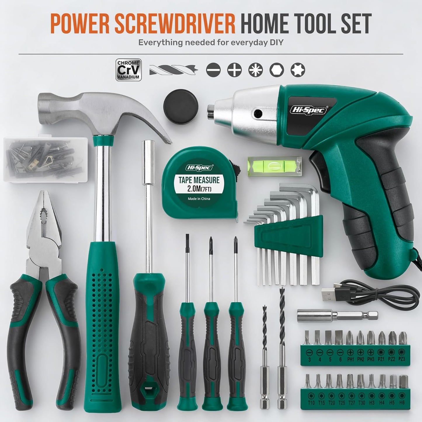 Hi-Spec 4V USB Electric Screwdriver Tool Kit for Home Repairs, Green | 42pc, fast assembly help, common screw bit selection, LED visibility, compact grip, quick household fixes, organized storage