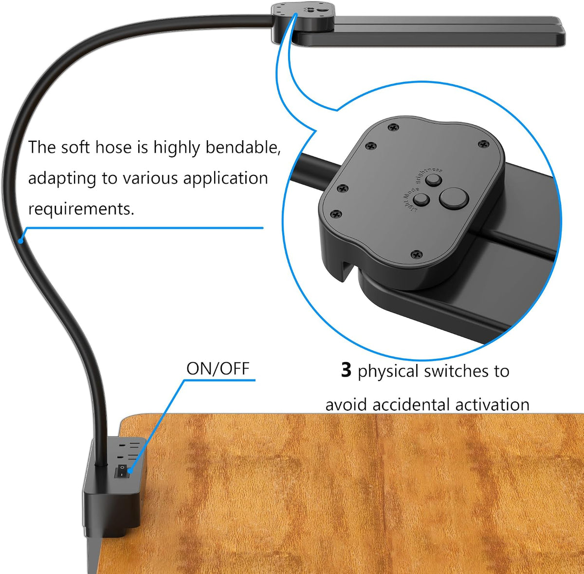 Drevet Led Desk Lamp for Office Home, Eye Caring Architect lamp with Clamp, 2AC&1USB-C Charging Port, 3 Brightness & 3 Color Modes Flexible Adjustable Lighting Table Lamp for Study Drafting