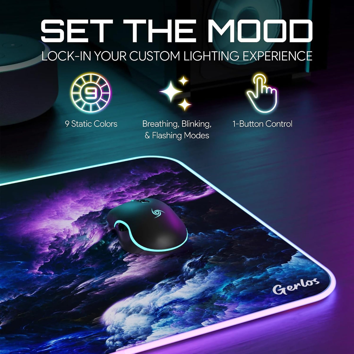 RGB Gaming Mouse Pad, Large LED Desk Mat, 31.5 x 11.8 Inch | 12 light modes, non-slip base, water-resistant surface, stitched edges