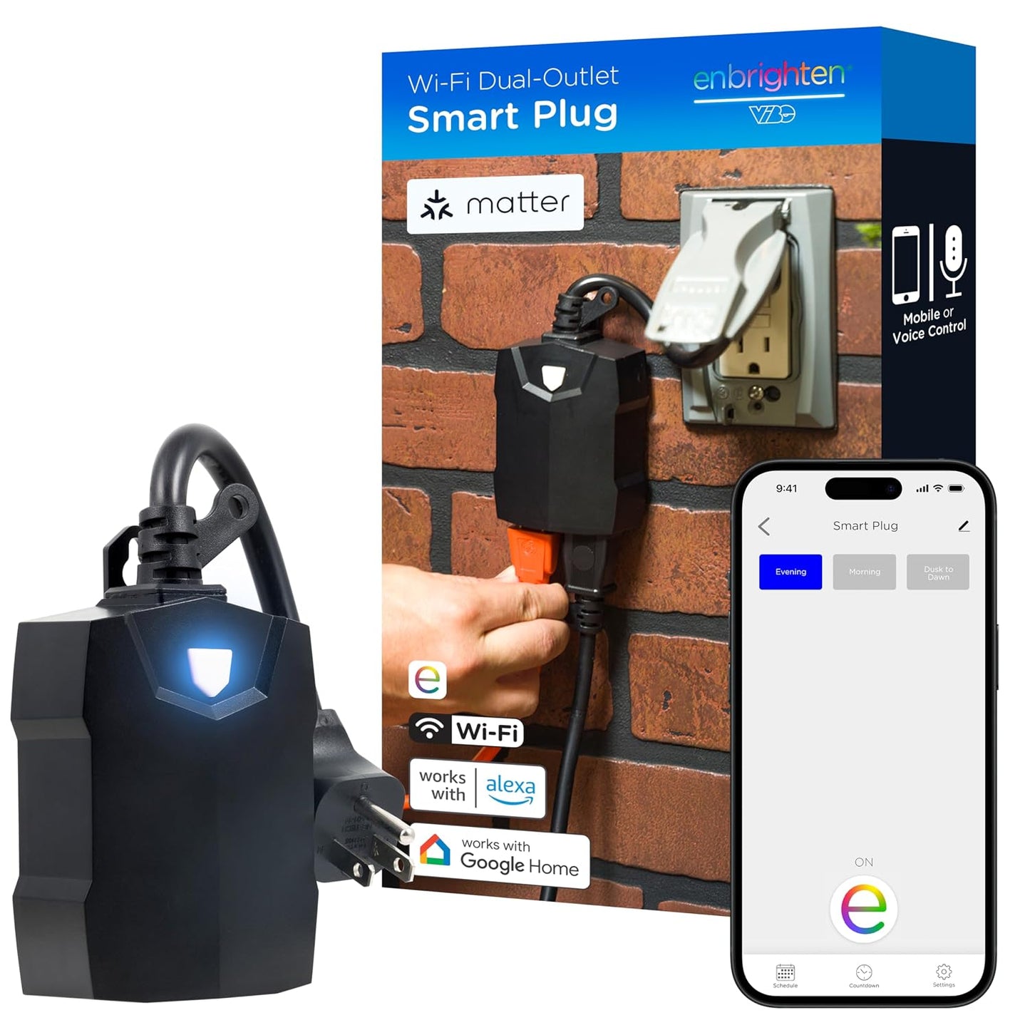 Enbrighten Vibe Outdoor Dual‑Outlet Wi‑Fi Matter Smart Plug, 2.4GHz, No Hub Required, Compatible with Alexa, Google Assistant and Apple HomeKit, Dual Grounded Plug‑in Outlets, 81912-TS1