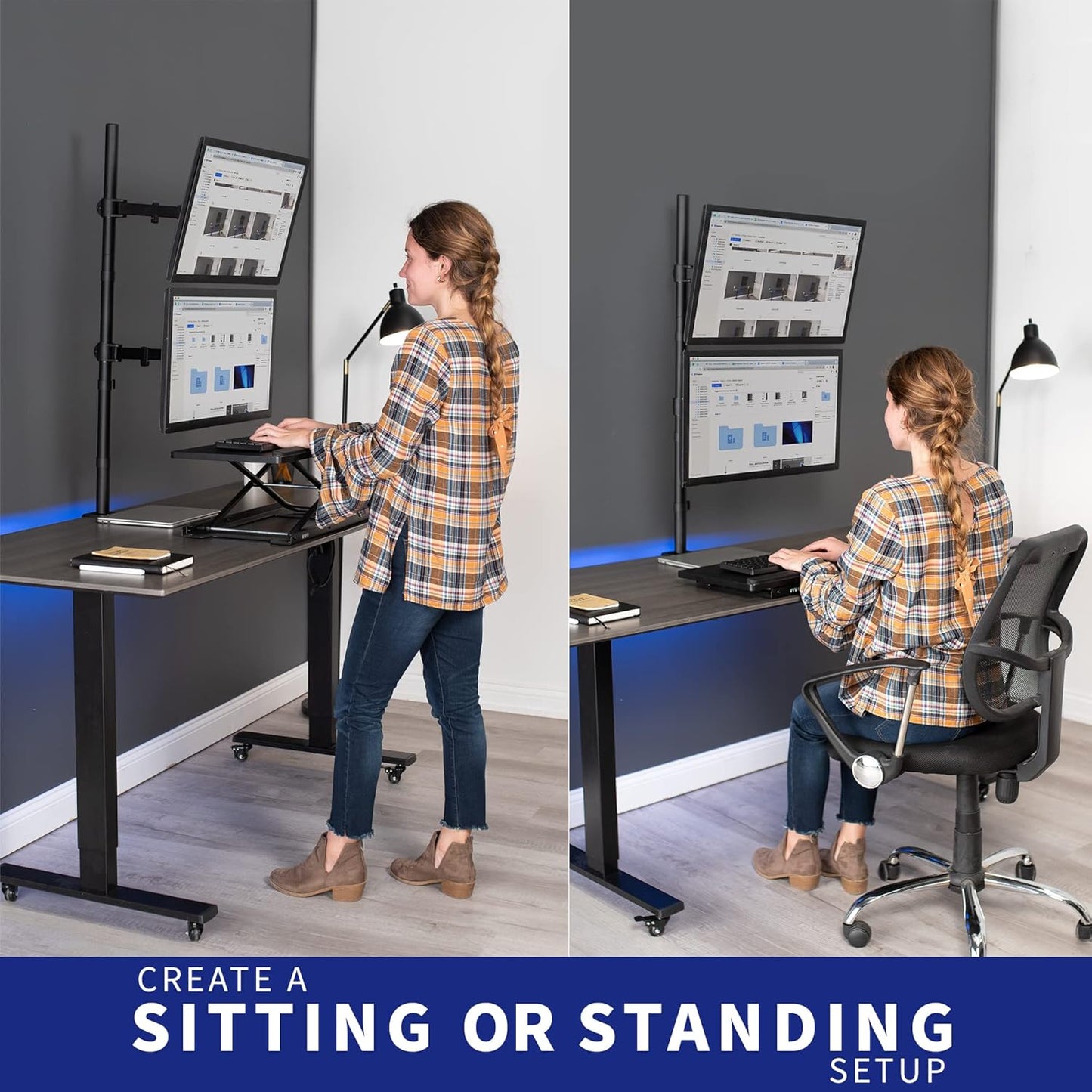 VIVO Extra Tall Vertically Stacked Dual Monitor Desk Mount Stand with 39 inch Stand-up Pole, Fully Adjustable Extended Arms, Fits 2 Screens up to 27 inches, STAND-V012T