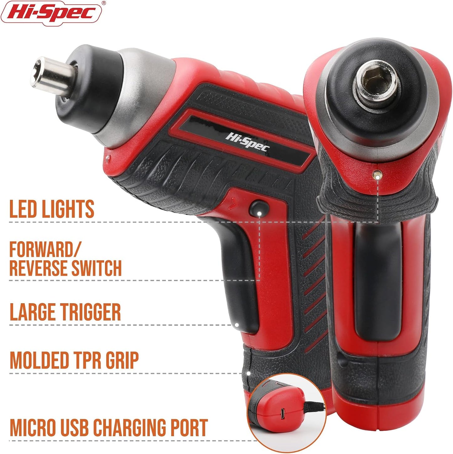 Hi-Spec 3.6V USB Electric Screwdriver for Home Repairs and Assembly, Red | 35pc, fast assembly help, common screw bit selection, LED visibility, compact grip, quick household fixes, organized storage