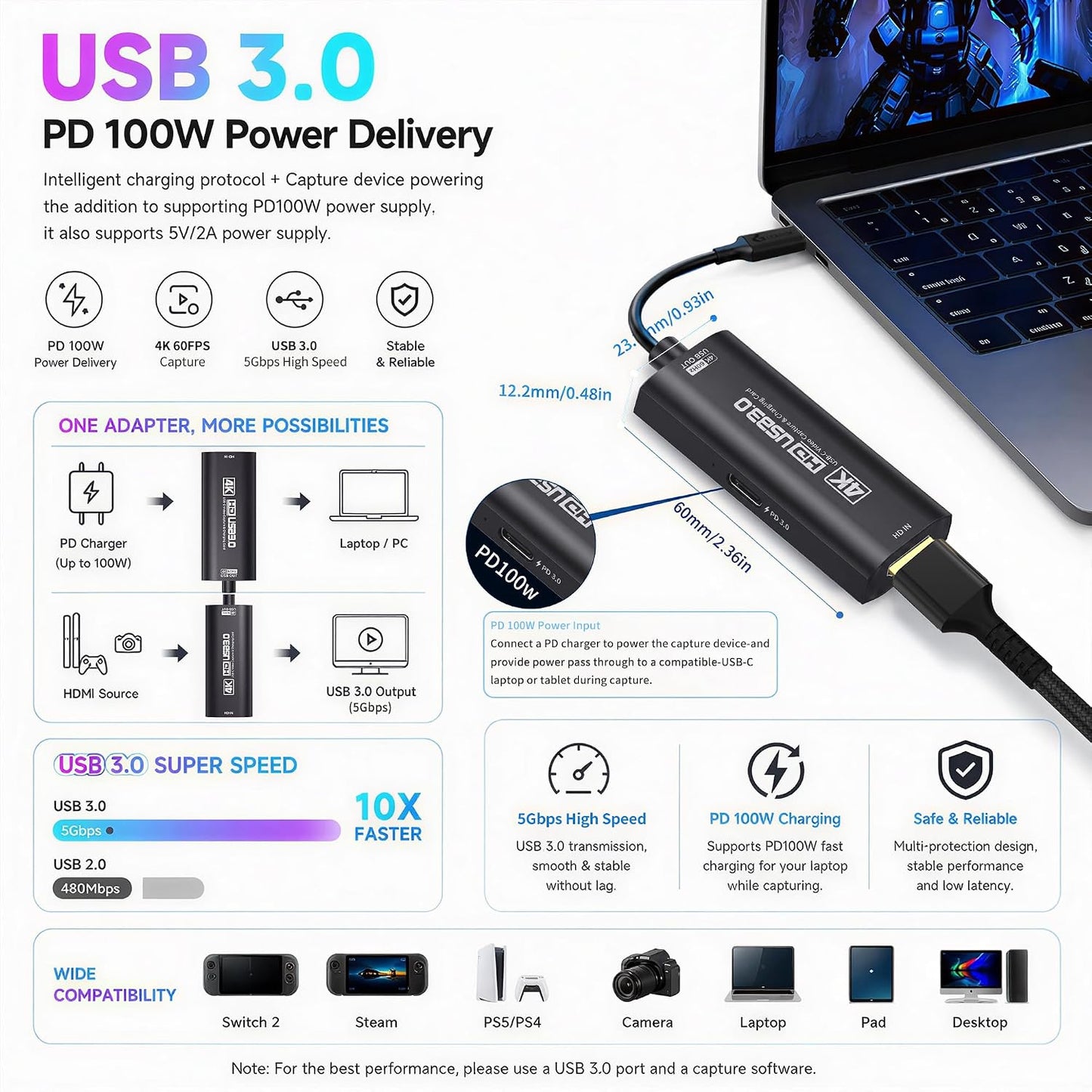 Guermok 4K USB 3.0 HDMI Capture Card for Streaming with PD 100W, 4K@60FPS | 2K@120FPS HDMI to USB C/A Capture Card for Streaming, Works with Pad, Tablet, MacOS, Switch2/1, Laptop, PC, Camera, VR, Black