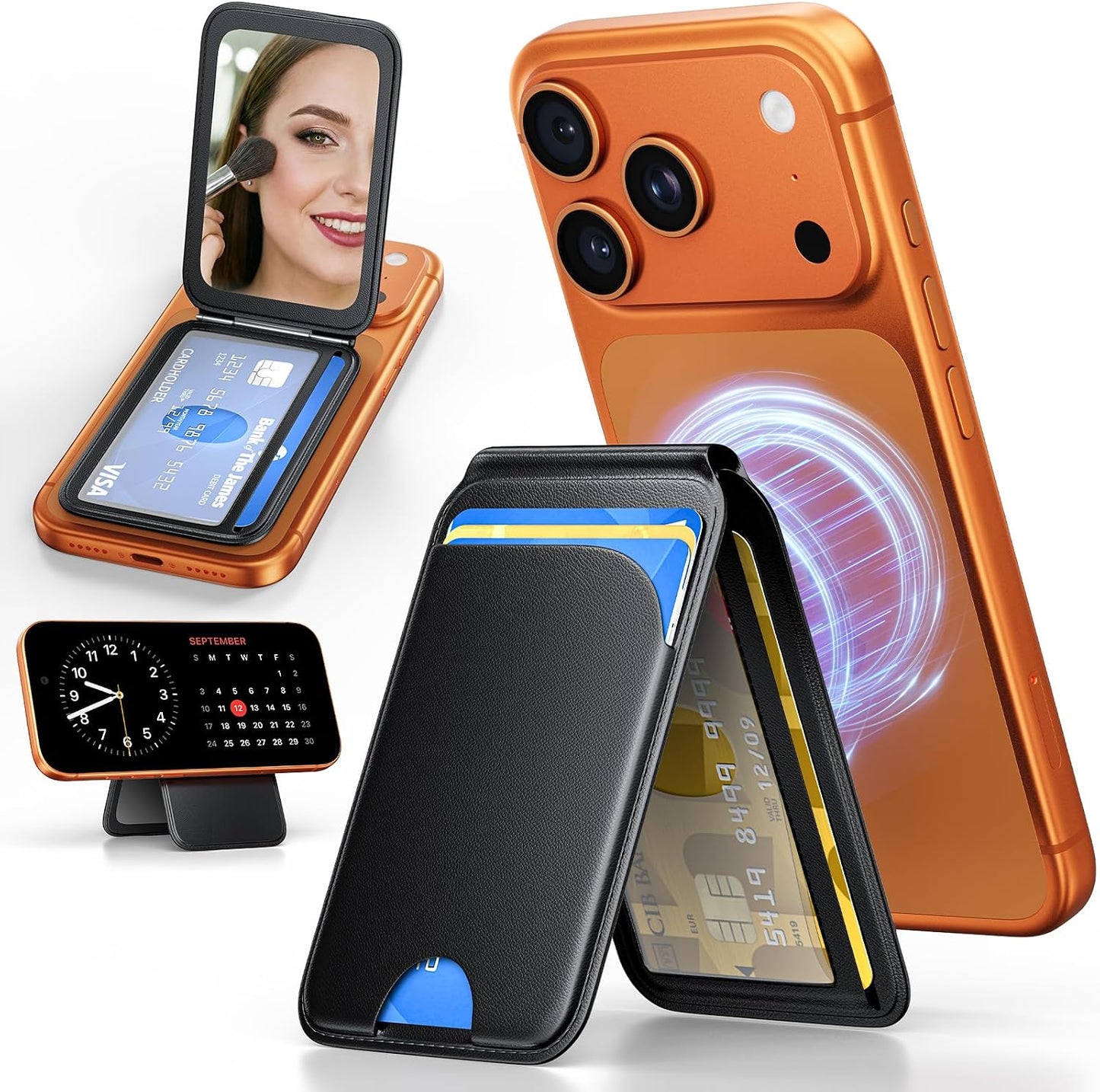 QYQBOON Mag-Safe Wallet Magnetic Wallet for Phone Lightweight Magnetic Phone Pouch Stand Adjustable Leather Mag-Safe Card Holder for iPhone 17/16/15/14/13/12 Series, Not for iPhone 13/12 Mini (Black)