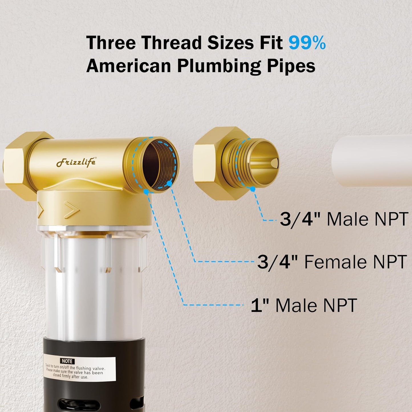 Frizzlife Smart Water Monitor Shutoff & Reusable Whole House Pre-Filter | 0.01GPM Leak Detection + 40/100 Micron Flushable Filter with Scraper