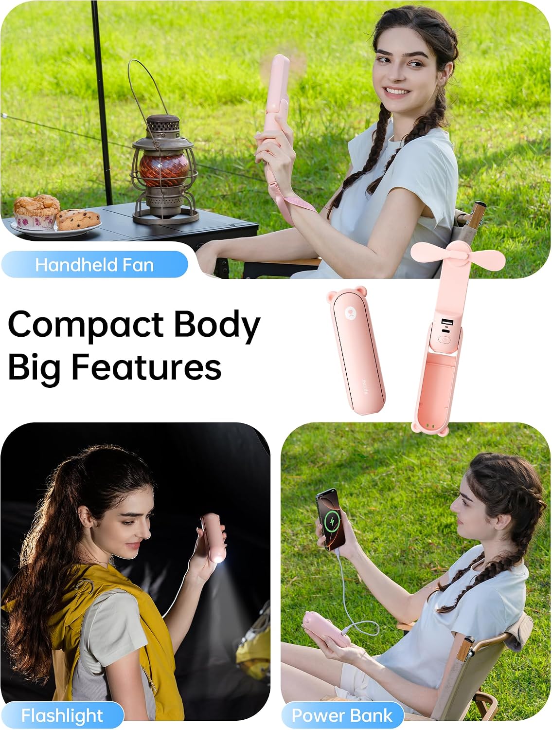 JISULIFE Handheld Fan 8 Plus: 40H Cooling & 4500mAh PowerBank & Flashlight | USB Rechargeable, Portable Pocket Size for Travel, Makeup, Concerts, Summer Gifts for Women(Pink)