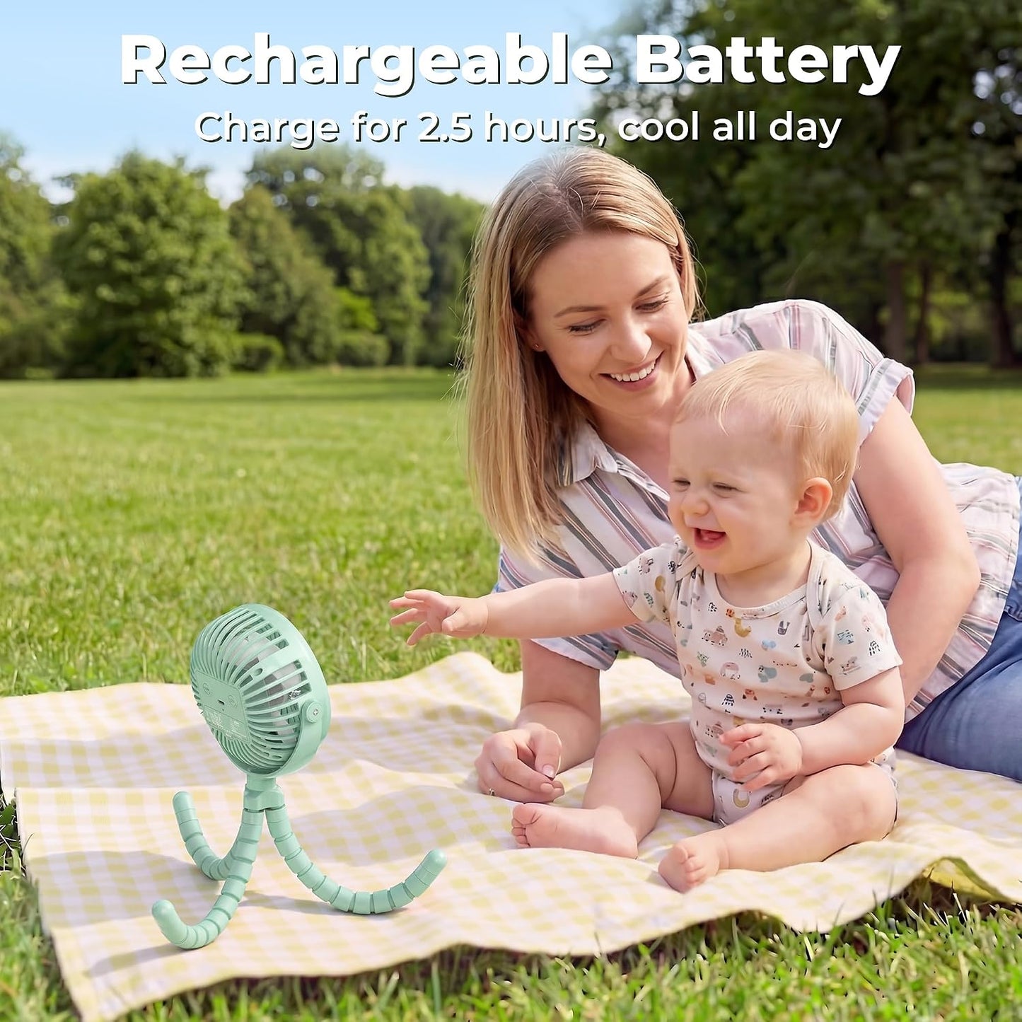 AMACOOL Battery Operated Stroller Fan, Portable Clip On Fan Rechargeable | Baby Travel Essentials for Beach Disney, Newborn Boy & Girl Gifts Registry Search, Cooling for Car Seat Wagon Crib Treadmill