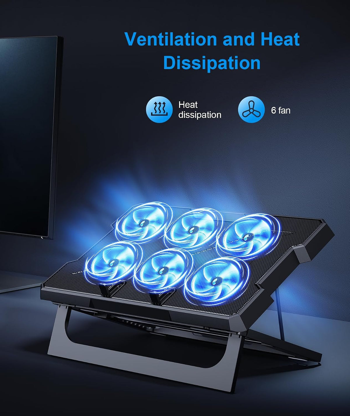 MOKURU Laptop Cooling Pad, Laptop Cooler with 6 Quiet Fans Up to 17.3 Inch Heavy Notebook Cooler Stand, 8 Levels of Tilt, Two Levels of Height Adjustable (Black)