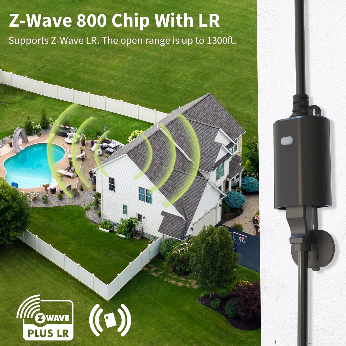 Minoston Zwave Outlet Plug, 800 Series Outdoor Z-Wave LR Smart Plug, On/Off Switch, Z Wave Hub Required, IP65 Weather-Resistant Waterproof, Built-in Repeater, Compatible with SmartThings Black (MP22Z)