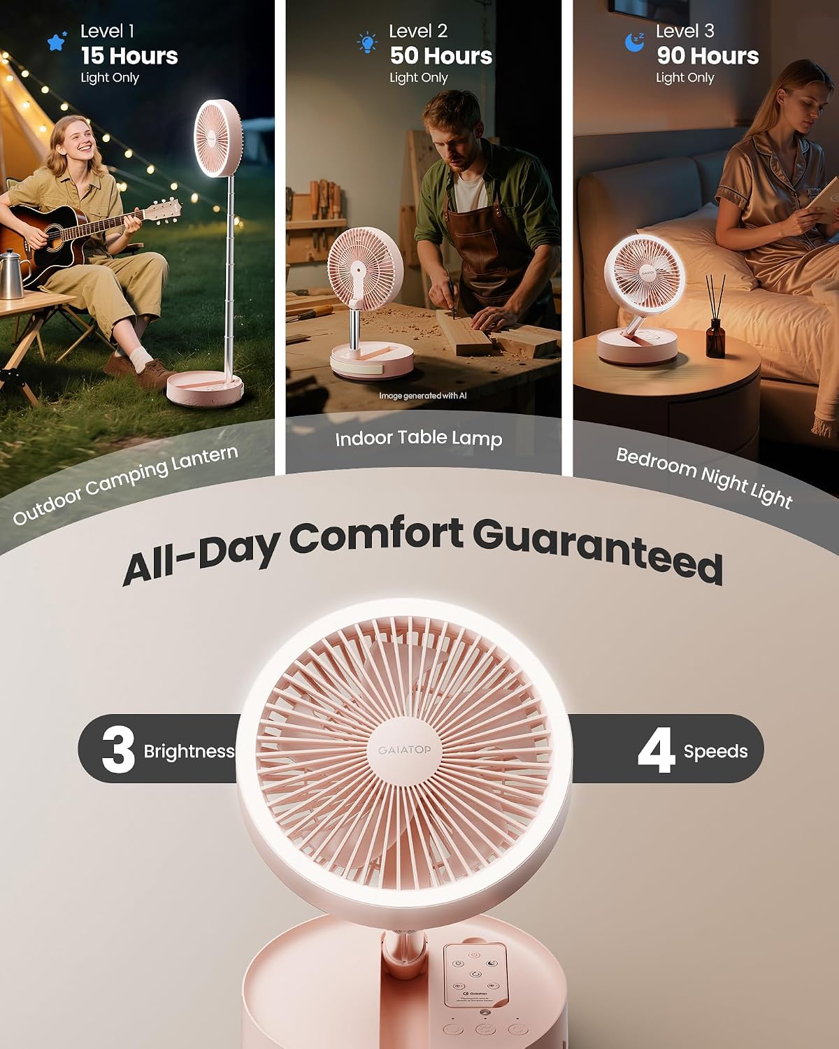 Gaiatop Portable Pedestal Fan 16000mAh Battery [Max 74h Runtime], Foldable Oscillating Standing Fan, Collapsible Desk Fans, LED Light, Case & Remote Control, 4 Speeds for Outdoor Travel Camping (Pink)