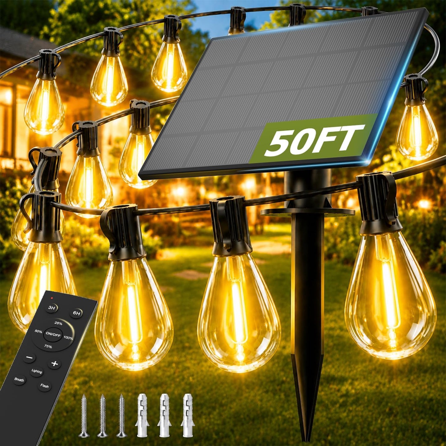 50FT Solar String Lights Outdoor, Dimmable Patio Lights Solar Powered with Remote & USB Port 18+1 LED Shatterproof Bulbs 3 Light Modes, Waterproof Solar Light for Camping Backyard Garden