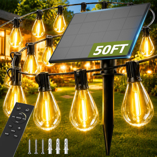 50FT Solar String Lights Outdoor, Dimmable Patio Lights Solar Powered with Remote & USB Port 18+1 LED Shatterproof Bulbs 3 Light Modes, Waterproof Solar Light for Camping Backyard Garden