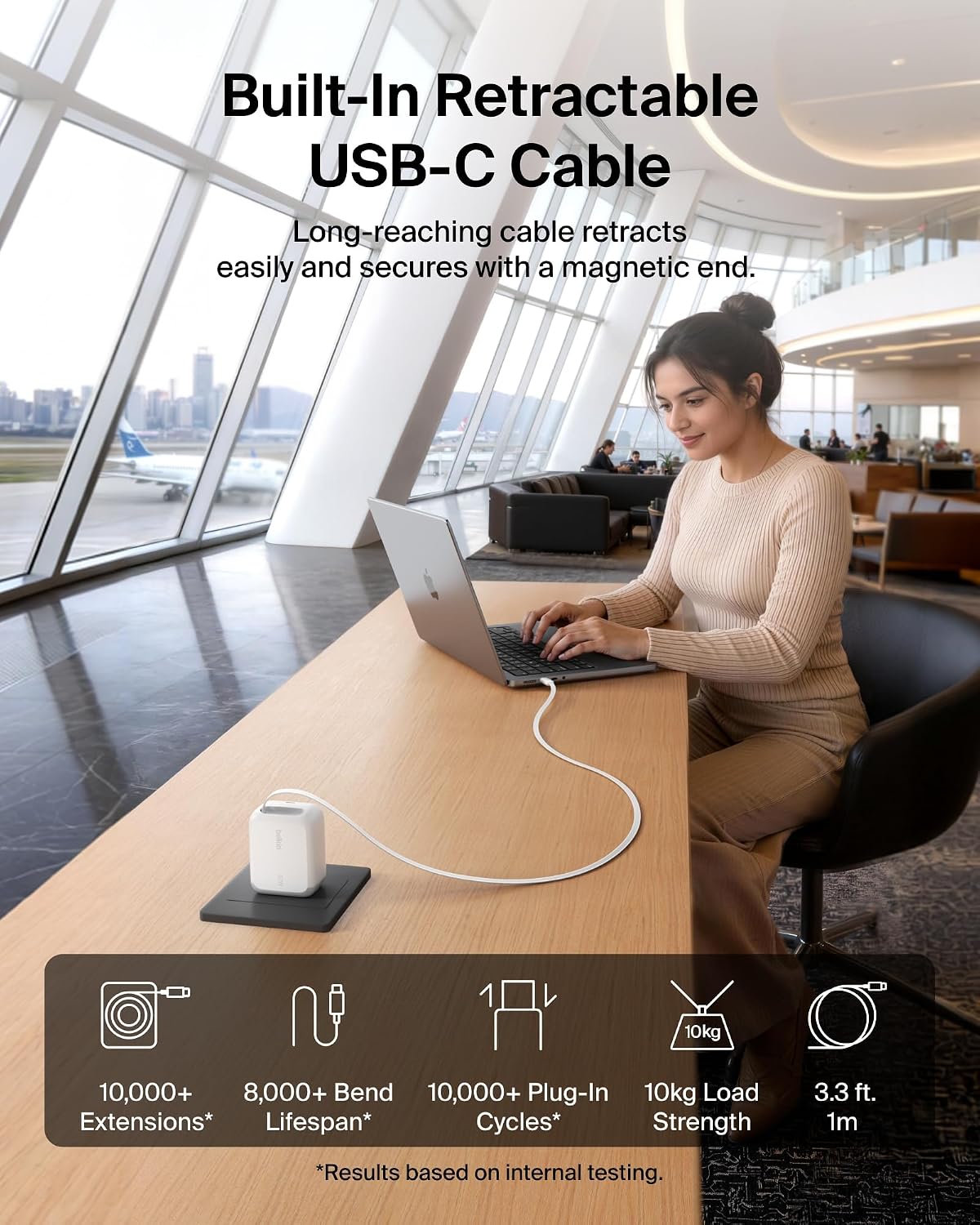 Belkin 67W GaN USB C Retractable Charger Block Fast Charging for Travel | 3.3ft Retractable Cable, USB C Port, iPhone 17, Galaxy S26, AirPods, iPads, MacBook, Travel Charger, Charge Up to 2 Devices