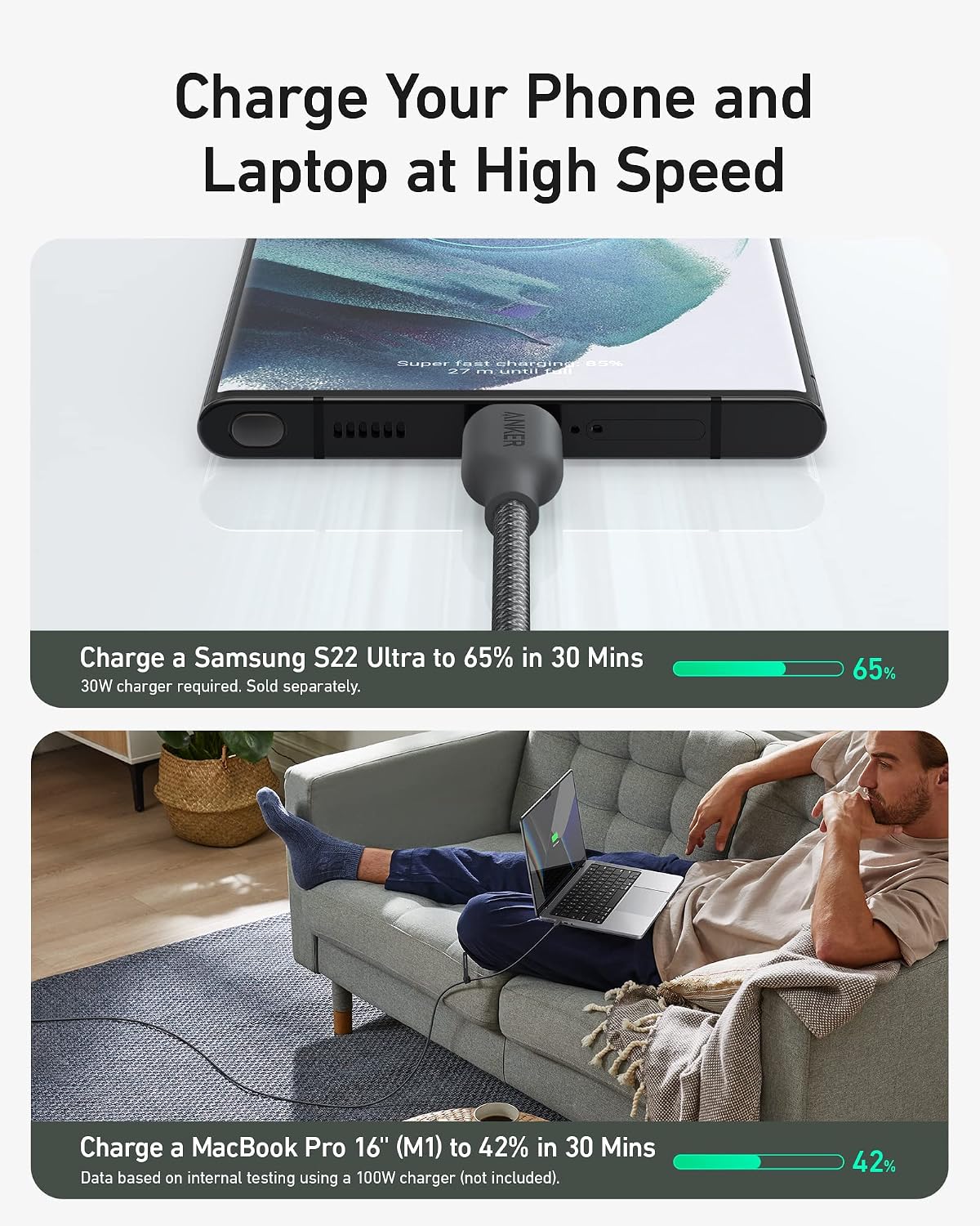 Anker USB C Cable, 240W Type C Fast Charging, USB 2.0 (6 ft, Phantom Black)