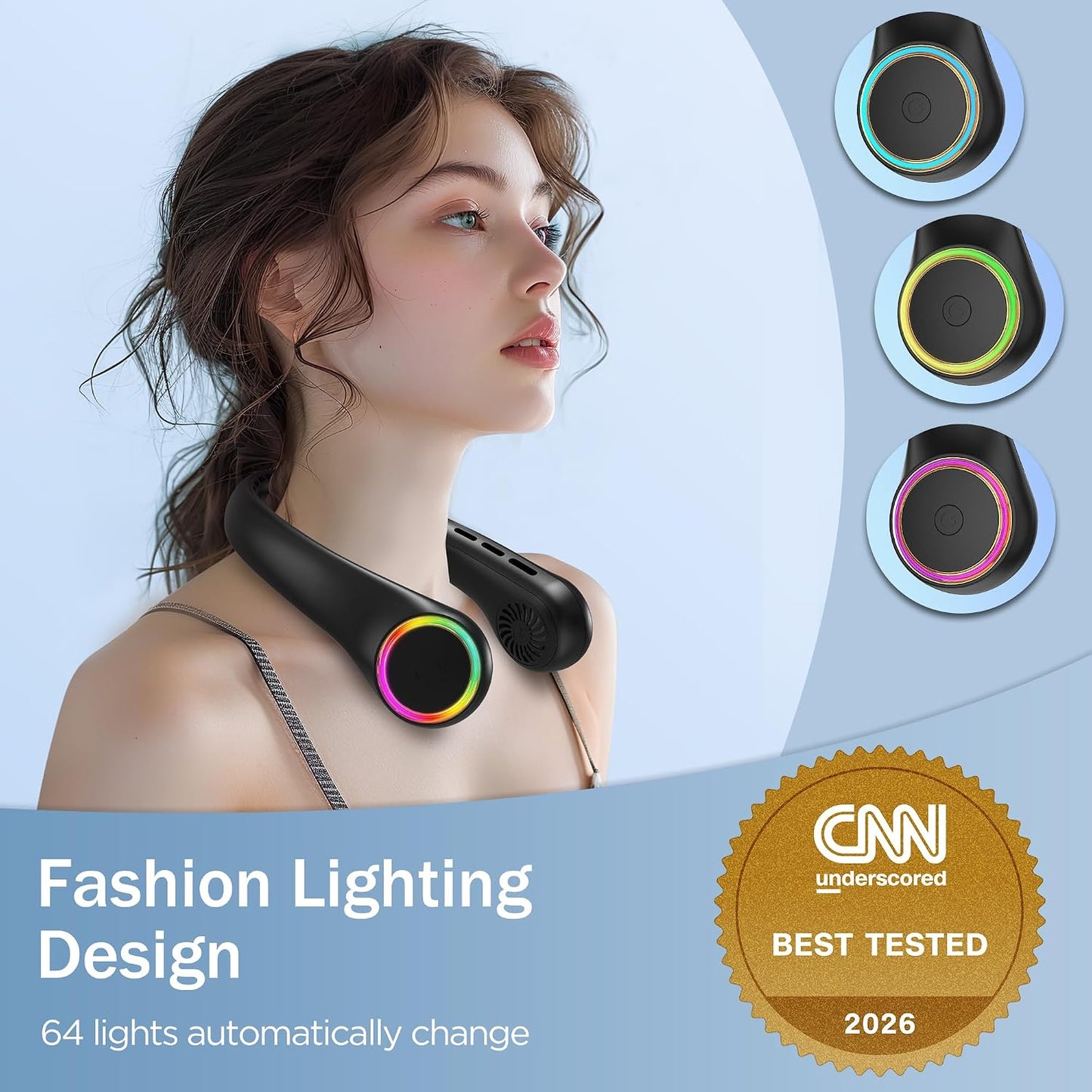 Neck fan, Portable Fan with 5-17H Lifespan, 4000mAh Neck fan air conditioner with 3 Adjustable Speeds and 64 Cool Lights, Rechargeable Neck Fan, Hands-Free Cooling fan for Summer (Black)