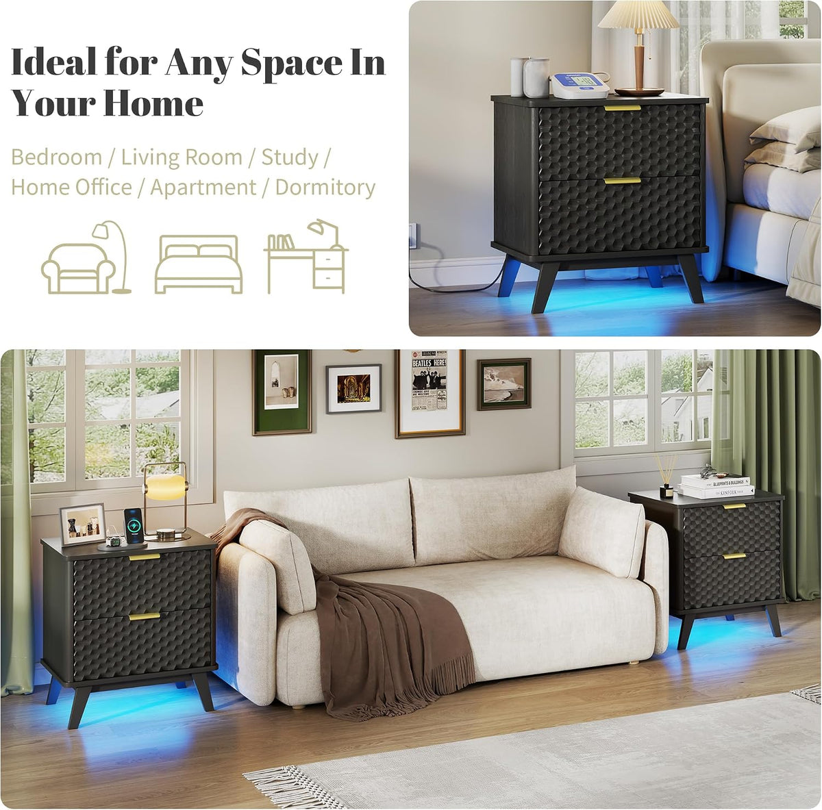 LVSOMT Smart Nightstand with Charging Station and LED Lights