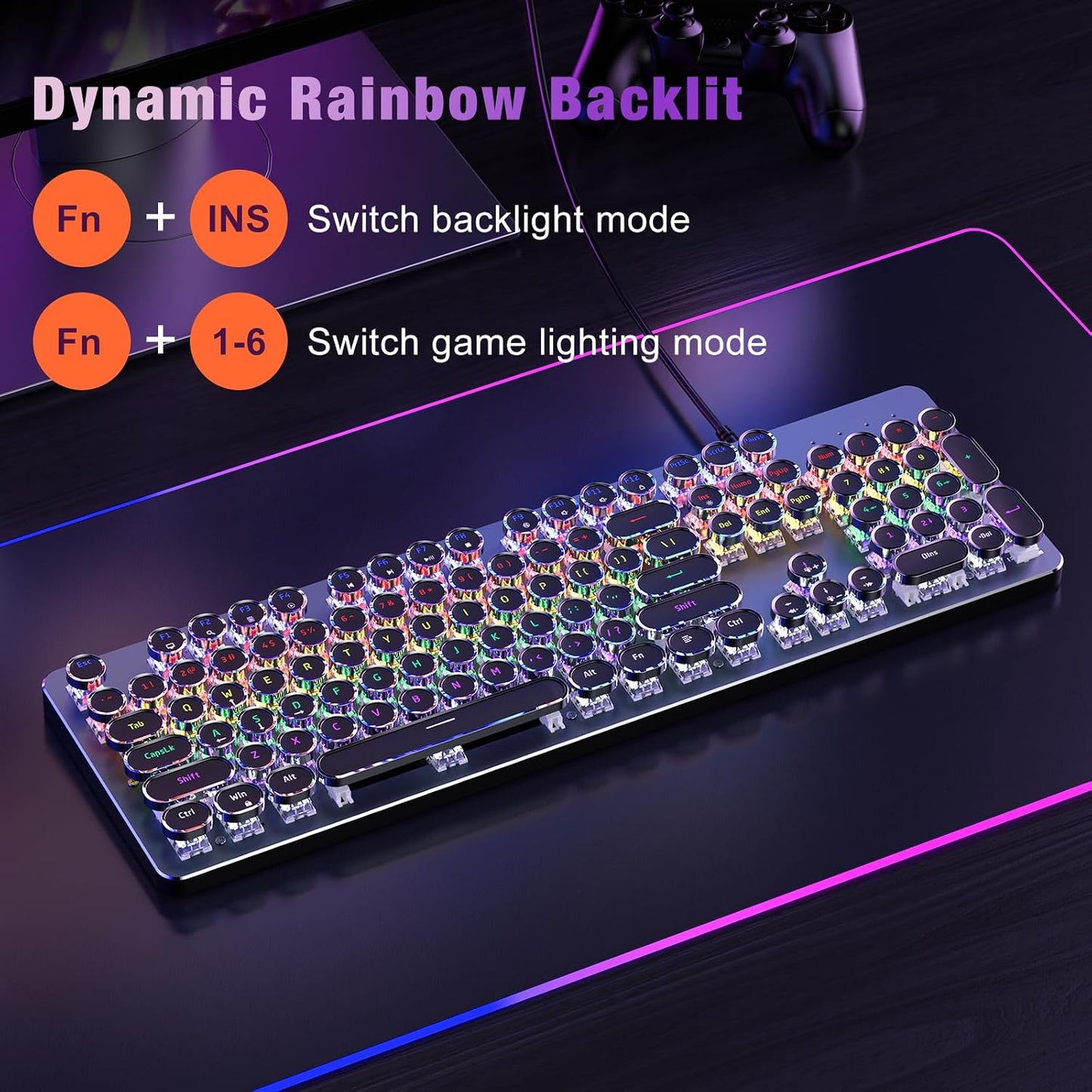 Typewriter Wired Mechanical Gaming Keyboard, Blue Switch LED Backlit | Metal Panel, Retro Punk Round Keycaps, 104 Keys Wired Keyboard for PC Laptop Mac Gamer, LED Rainbow Backlit,RisoPhy