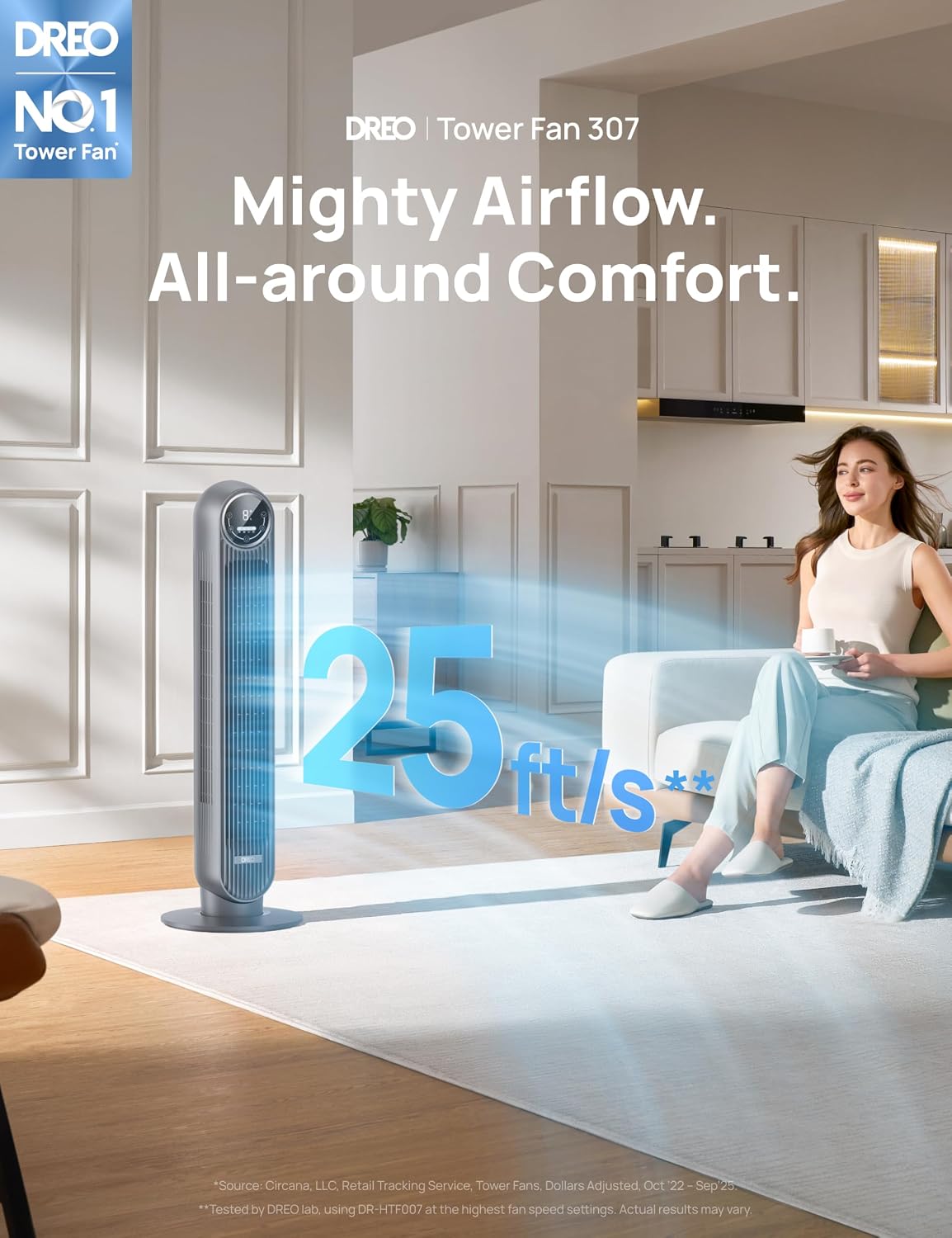 DREO Tower Fan for Bedroom, 25ft/s Velocity Quiet Floor Fan, 90° Oscillating Fans for Indoors with 4 Speeds, 4 Modes, 8H Timer, Bladeless Fan, Standing Fans, Grey, Tower Fan 307 (DR-HTF007)