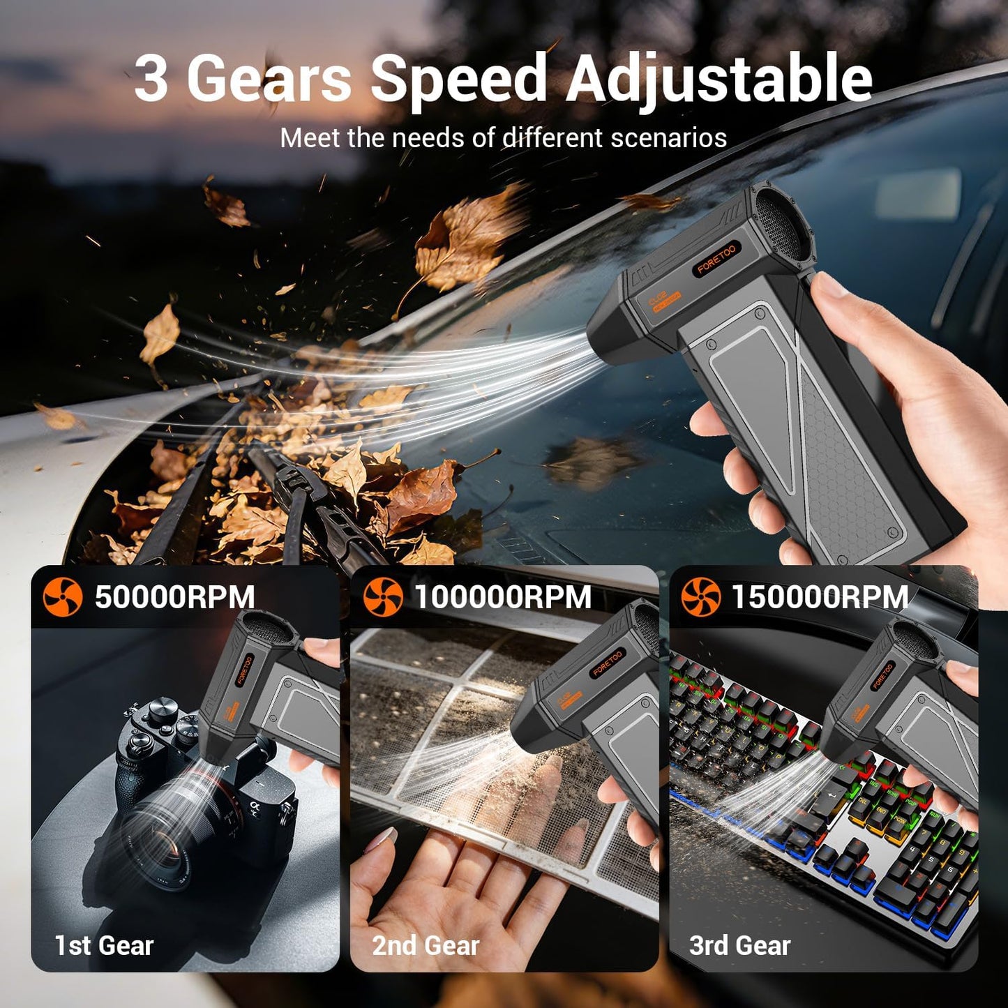 Compressed Air Duster-150000RPM Super Power Cordless Air Duster, Rechargeable Brushless Motor Durable Power Blower with SOS LED Light,Adjustable Dust Blower for Computer, Pet,Outdoor, House and Car