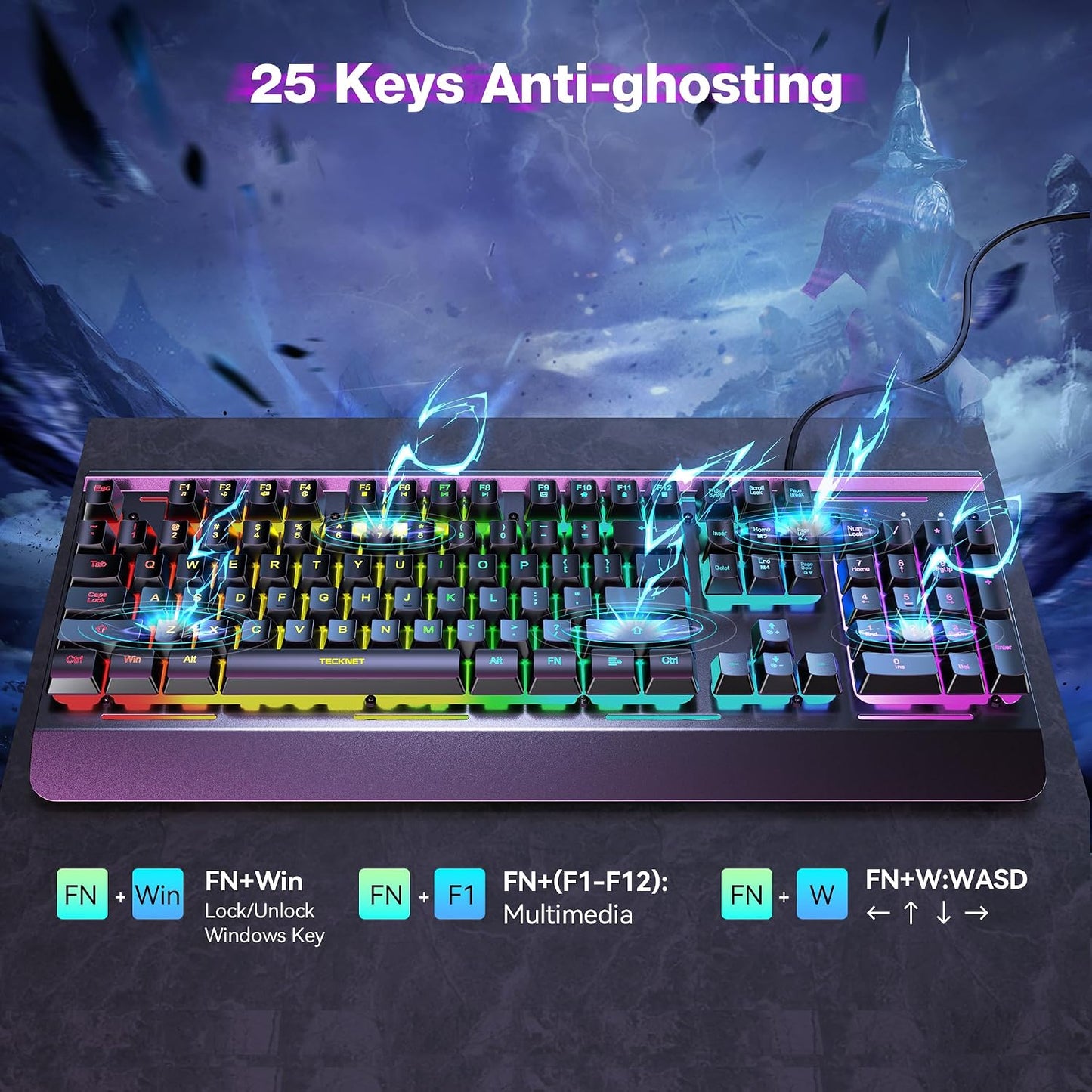 TECKNET Wired Gaming Keyboard, RGB Backlit Keyboard with Metal Panel Design | 15-Zone RGB Illumination, Whisper Quiet Design, IP32 Water Resistance, 25 Anti-ghosting Keys, Ergonomic Design