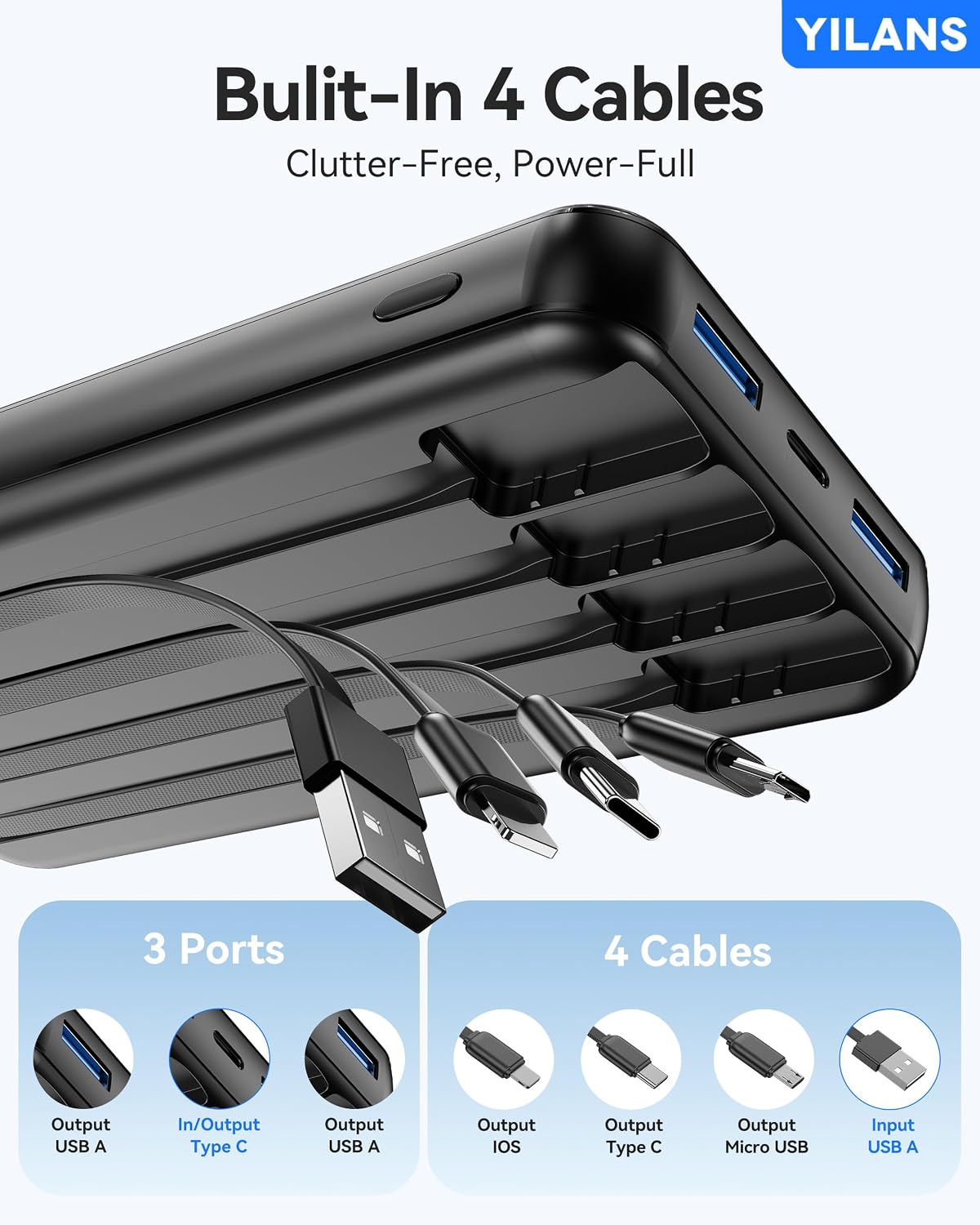 YILANS Portable Charger 50000mAh, 22.5W Power Bank with Built-in 4 Cables | Charges 6 Devices, Fast Charging Travel Essential, External Battery Phone Pack for iPhone 17-12, for Samsung/Android/iPad