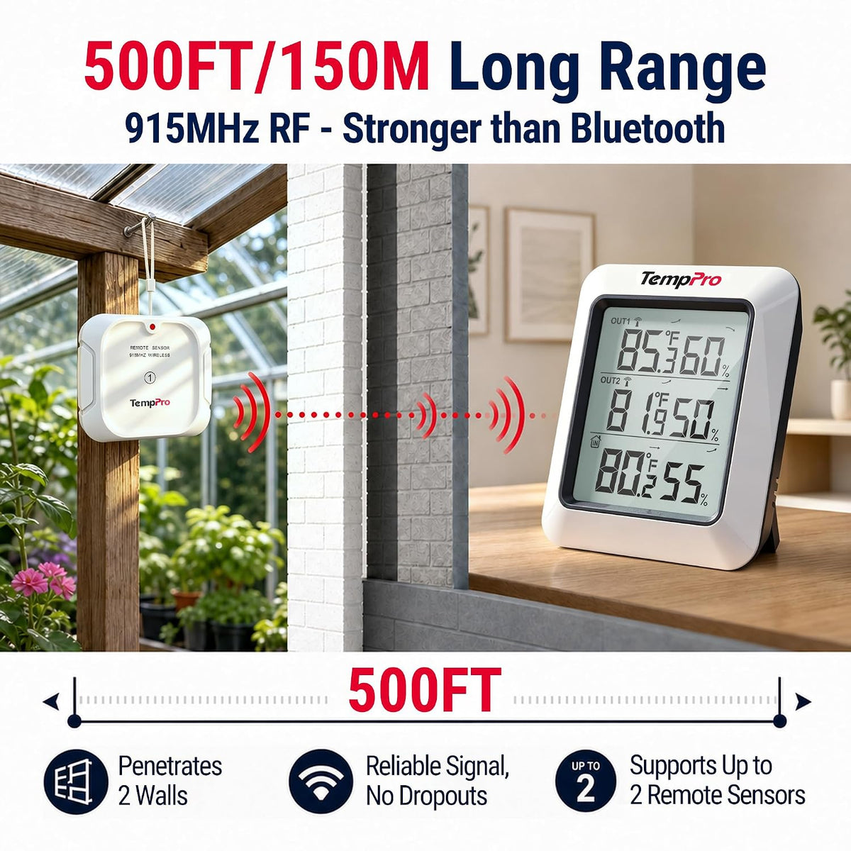 TempPro TempAir 500FT Indoor Outdoor Thermometer Wireless-2 Remote Sensors