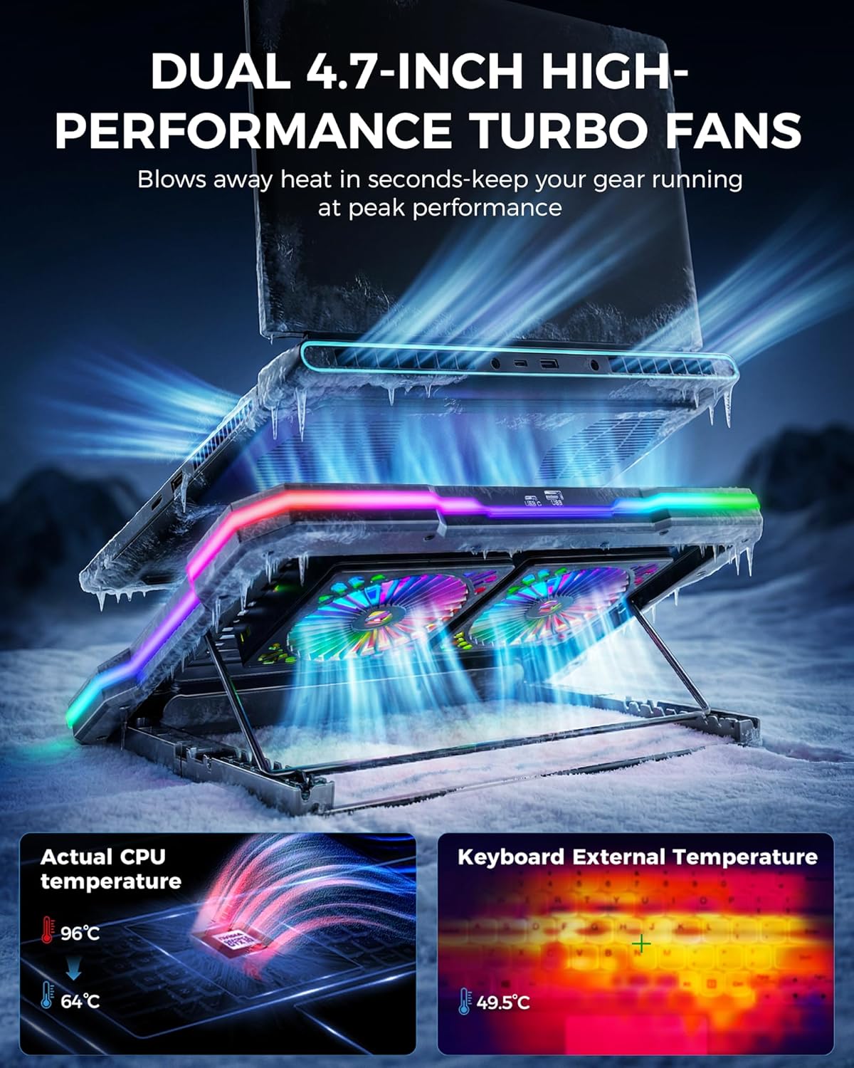 ChillCore 2 Detachable Fans RGB Gaming Laptop Cooling Pad, Rapid Cooling for 15.6-19.3" Laptops, Variable Speed Control, 8 Adjustable Heights - K6 RGB