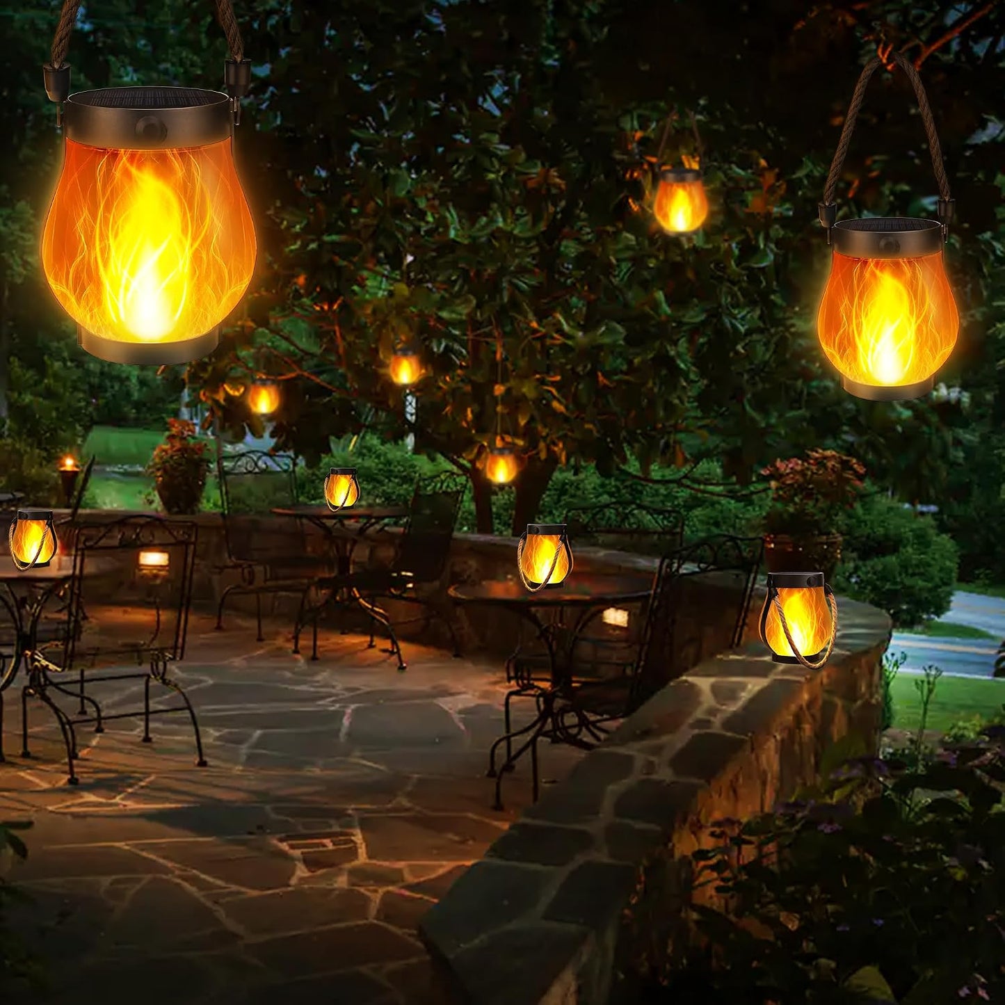 iBaycon 2 Pack Gen2 Solar Lantern Lights USB Ultra-Real Flame, Warm White | Solar Garden Lights with Solar & USB-C Dual Charging, 2 Modes Outdoor Waterproof Hanging Lantern for Patio Yard Home