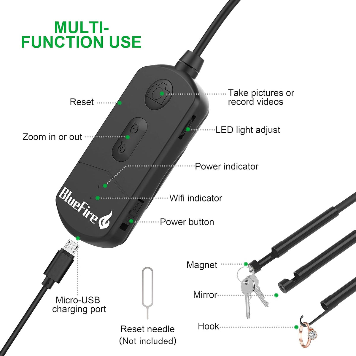 BlueFire 1080P Wireless Endoscope Camera, 5.5mm HD Borescope | 11.5FT Semi-Rigid Snake Camera with Adjustable Focus, 6 LED Lights and 1800mAh for Android iOS Phone, Inspection and Repair