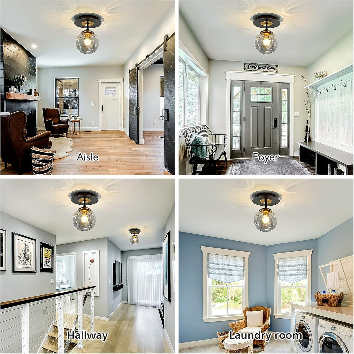 1-Light Mini Glass Globe Ceiling Light,Modern Semi Flush Mount Light Fixture,Black Ceiling Light for Hallway Aisle Porch Stairway Closet.
