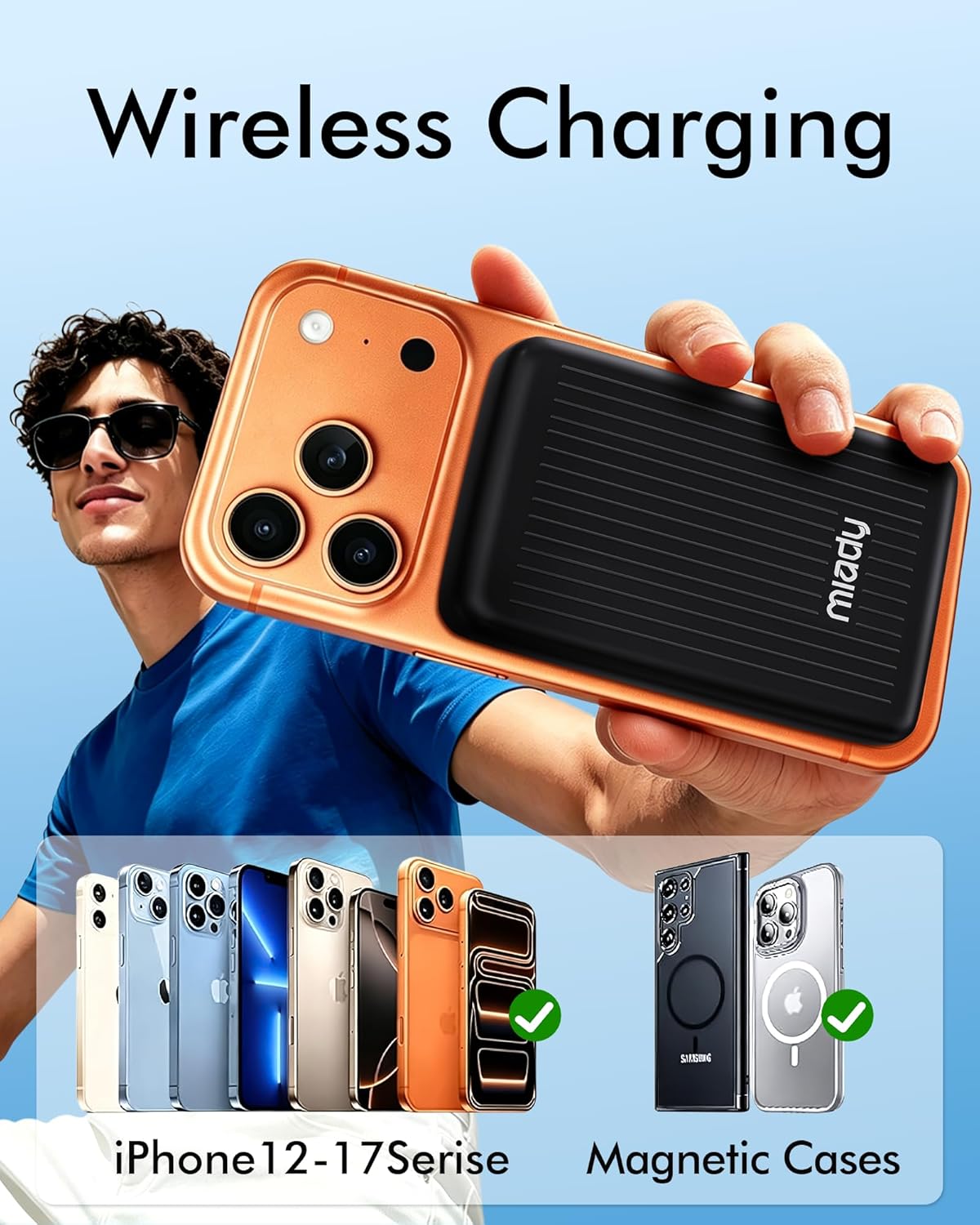 Miady Magnetic Portable Charger Power Bank for iPhone 10000mAh, | 15W MagSafe-Compatible Wireless Portable Charger, 22.5W USB-C Charging Battery Pack for iPhone 17/16/15/14/13/12