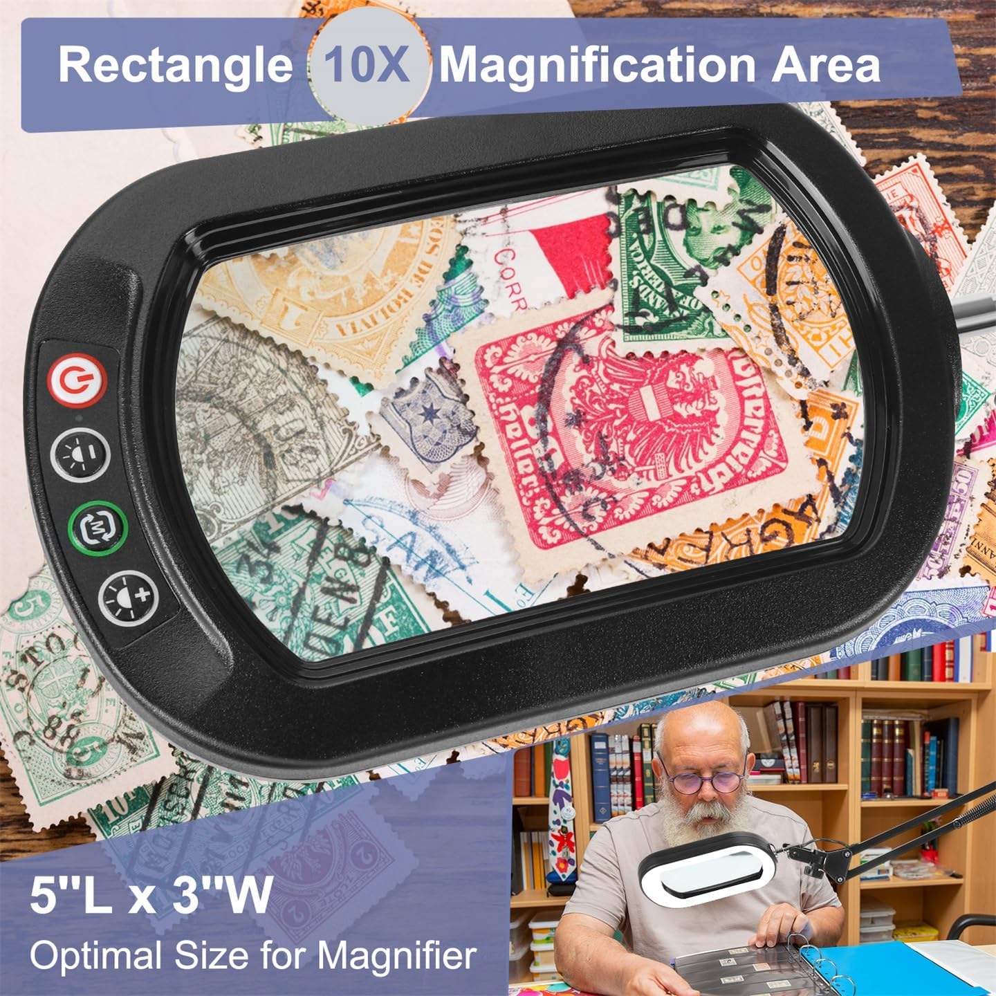 10X Large Magnifying Glass with Light and Clamp, Real Glass, 5 Color Modes, Stepless Dimmable, Lighted Magnifier with Stand Hands Free, LED Swing Arm Desk Lamp for Close Work, Craft, Reading, Painting