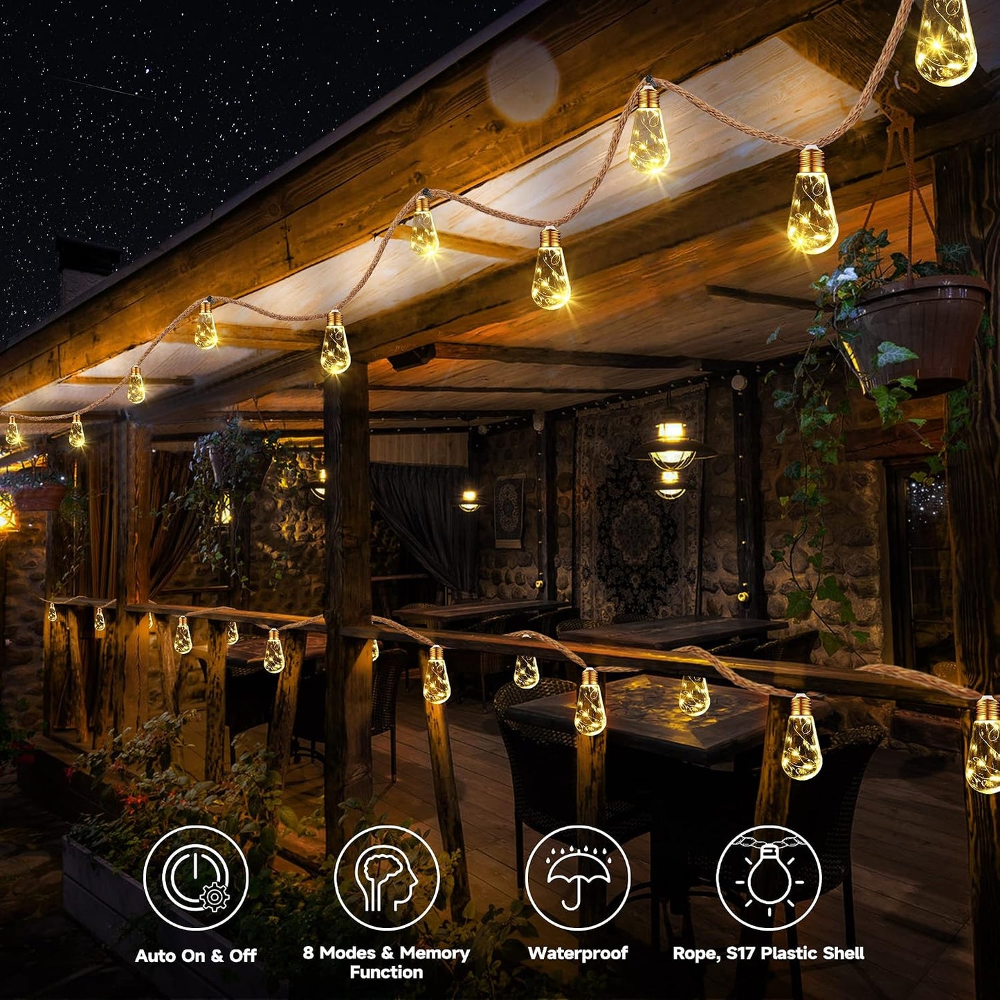 Solar Outdoor String Lights, 20Ft Vintage Rope Hemp Solar Patio Lights | Waterproof Warm White Solar Powered String Lights With 8 Modes 16 Shatterproof Bulbs for Garden Fence Stairs Balcony Bistro