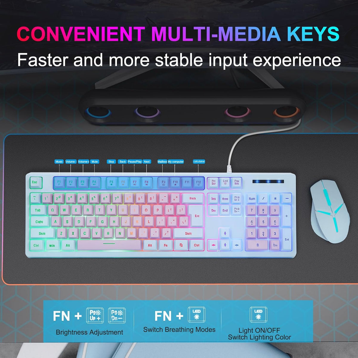 HUO JI Wired Gaming Keyboard with Rainbow LED Backlit, Purple Blue | Floating Keys, Mechanical Feeling, Spill Resistant, USB Ergonomic for Xbox, PS Series, Desktop, Computer, PC