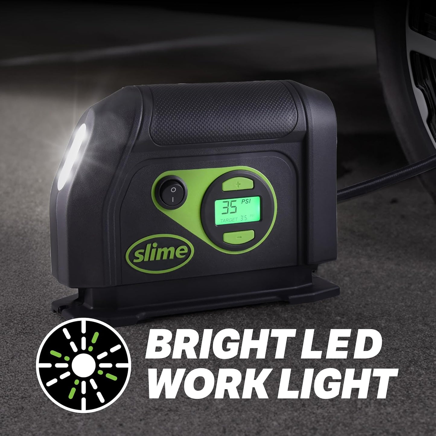 Slime 40088 Tire Inflator, Portable Car Air Compressor, Inflate Right automatic shut off, with Digital 99 psi Display, Long Hose and LED Light, 12V, 6 min inflation