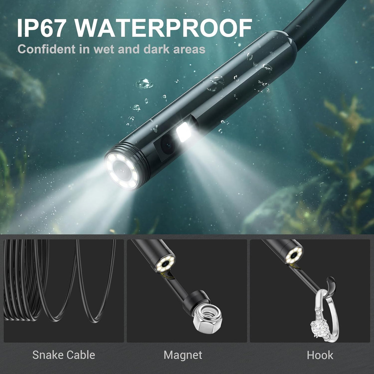 Dual-Lens Endoscope Camera with Light, 1920P HD Borescope Inspection Camera | IP67 Waterproof Endoscope with 8+1 Adjustable LED Lights and 16.4FT Semi-Rigid Snake Cable for iOS and Android