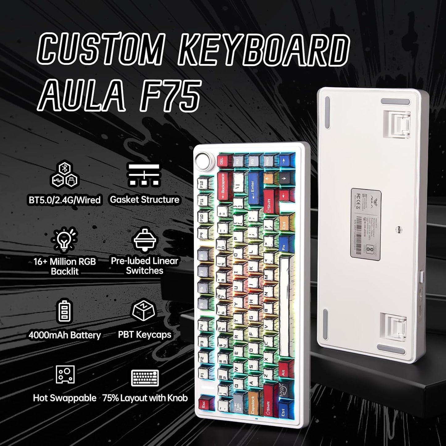 Aula F75 Wireless Mechanical Keyboard,Creamy Keyboard with RGB Backlit Hot Swappable, 81 Keys 75% Layout Gaming Keyboard, Bluetooth/2.4GHz/Type-C, Creamy Sounding - Reaper Switches