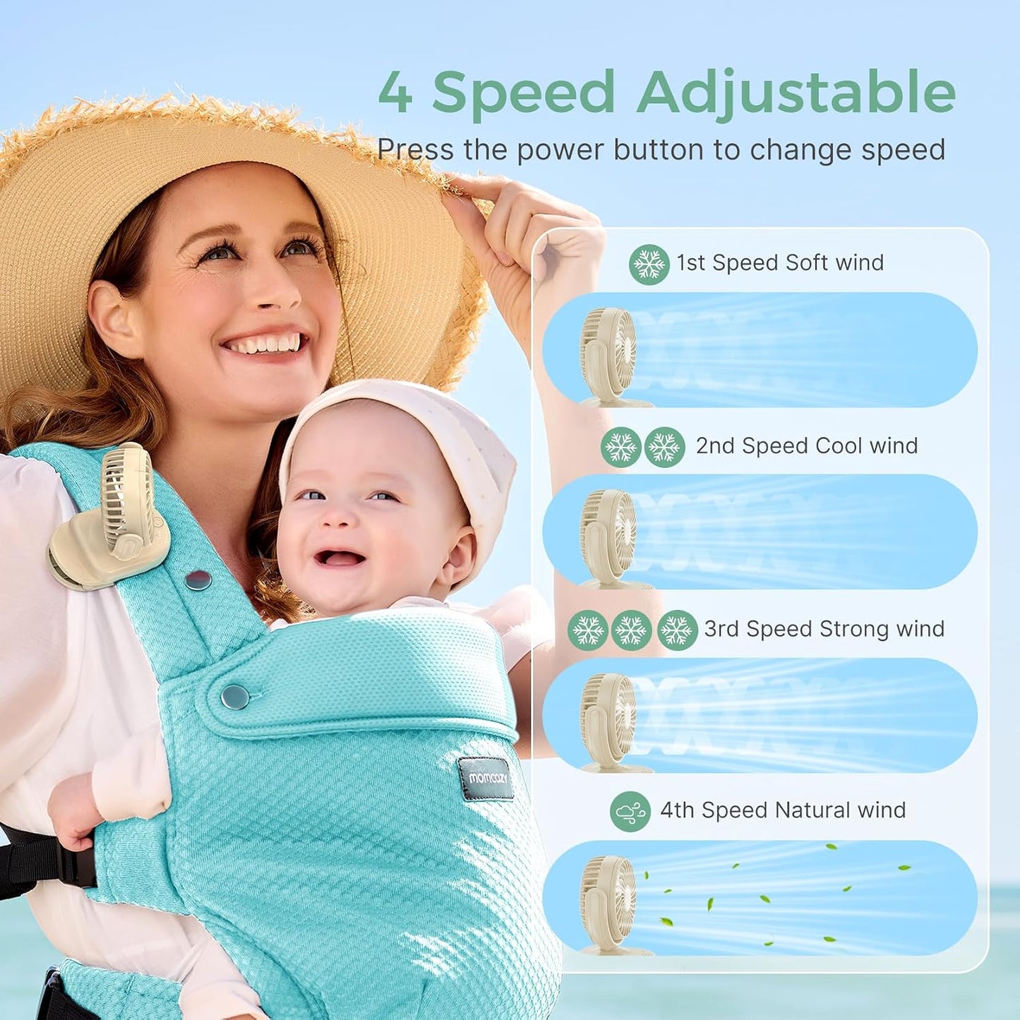 Momcozy Portable Stroller Fan with Clip, 4-Speed Mini Cooling Fan, 0.26 Lb | Ultra-Light Rechargeable Design, Gaps ≤ 4.5 mm, Rotating Handheld Cooling for Carriers, Backpacks and Tables