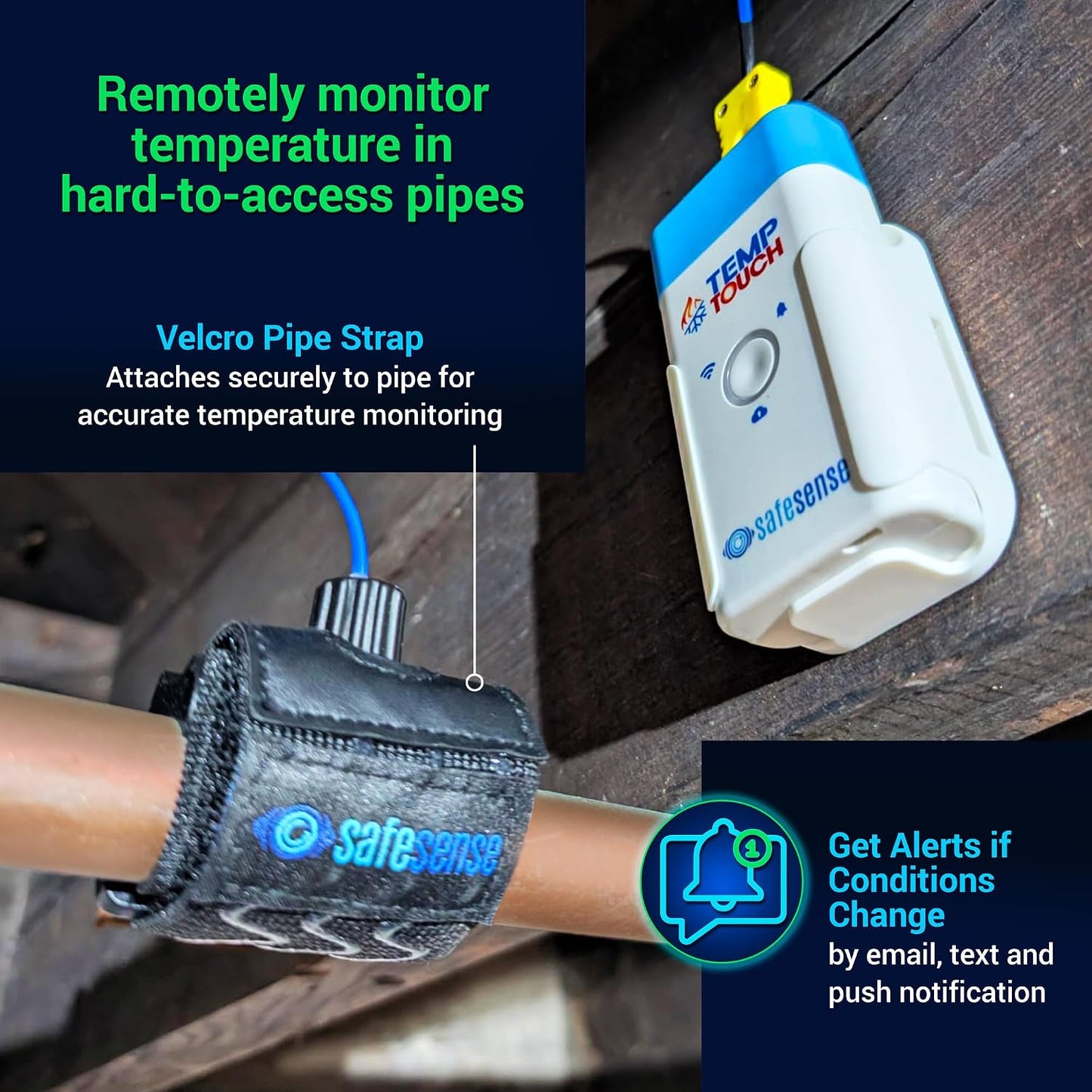 TempTouch WiFi Clamp Temperature and Humidity Sensor, Smart Thermometer for Plumbing and HVAC, App-Controlled Wireless with Velcro Strap