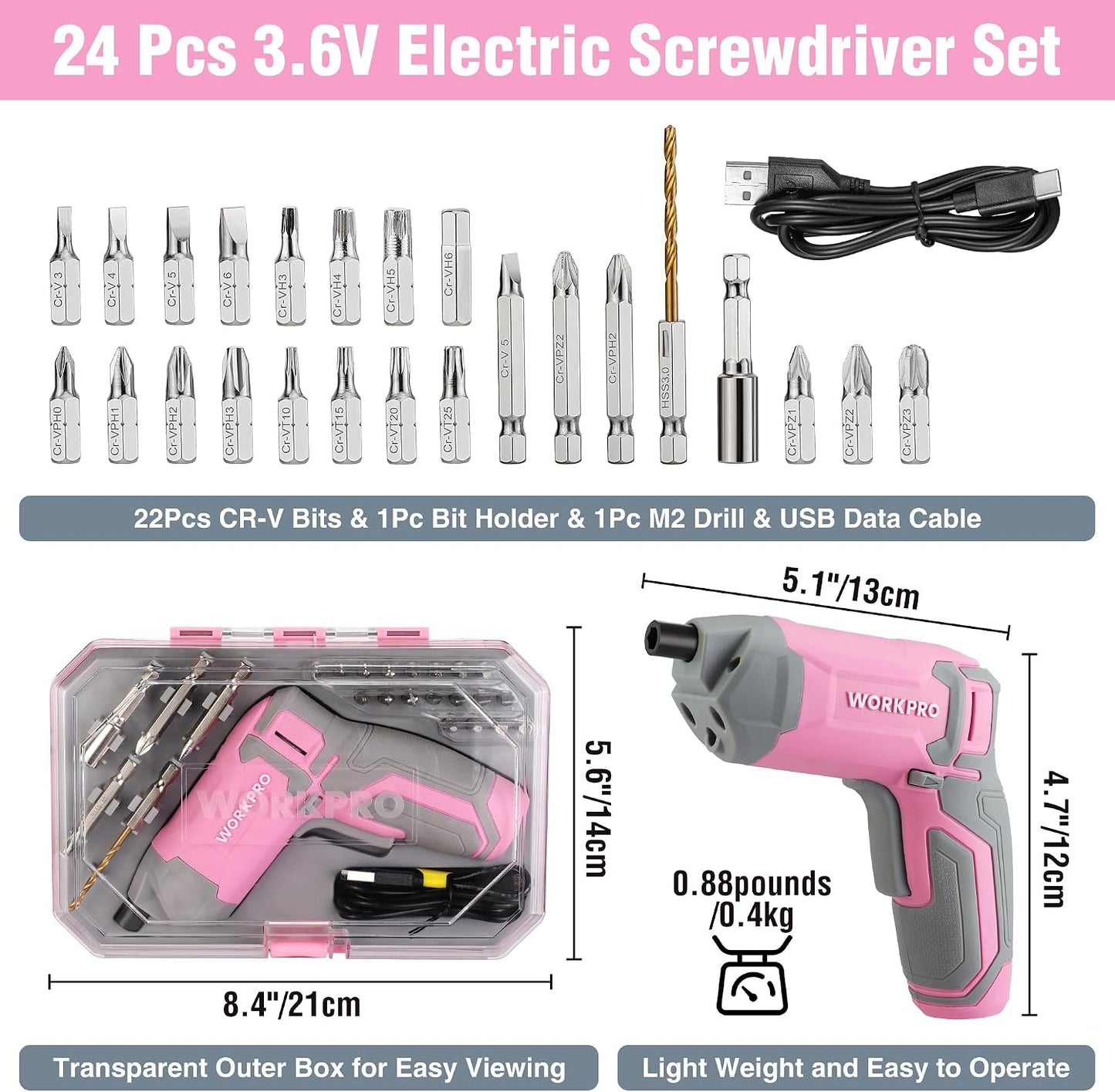 WORKPRO Pink Cordless Screwdriver Set, Rechargeable Eccentric Screwdriver | 3.6V Screwdriver Kit Set with 24Pcs Bits, Delay-off LED Light, 2000mAh High-Capacity Battery, Carrying Case Included