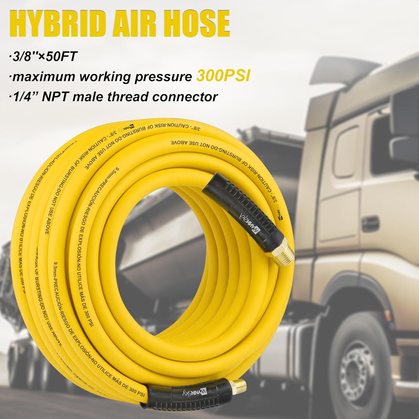 Truck Inflator Kit, 3/8''×50ft Hybrid Air Hose with 1/4''MNPT Endings, Universal Glad Hand&Chuck