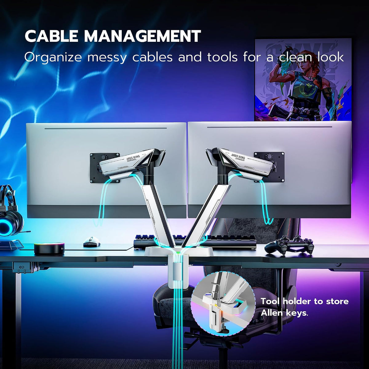 ARES WING RGB Dual Monitor Arm Desk Mount for 17-38 inch Monitors, Grey