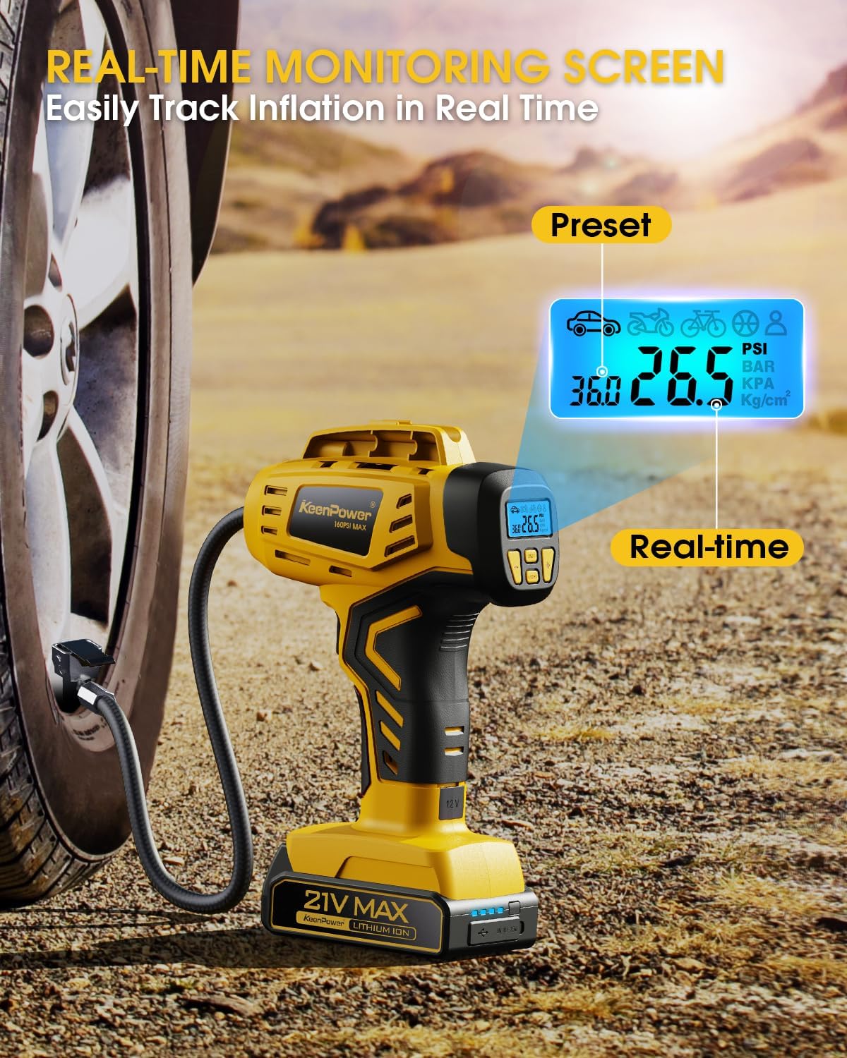 Tire Inflator Portable Air Compressor 21V Battery Powered 160PSI | Dual Power Supply, Auto Shut-Off, Digital Pressure Gauge, Super Faster Inflation Air Pump for Car Motorcycle Bike Ball Gift